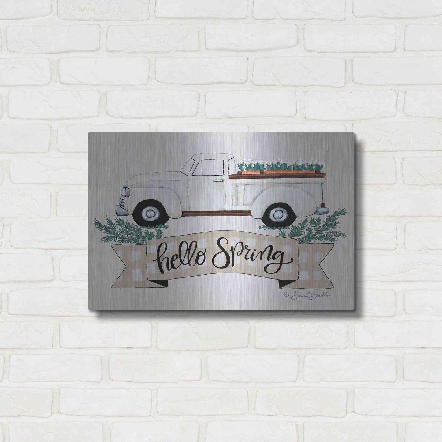 Luxe Metal Art 'Hello Spring Tulip Truck' by Sara Baker, Metal Wall Art,24x16