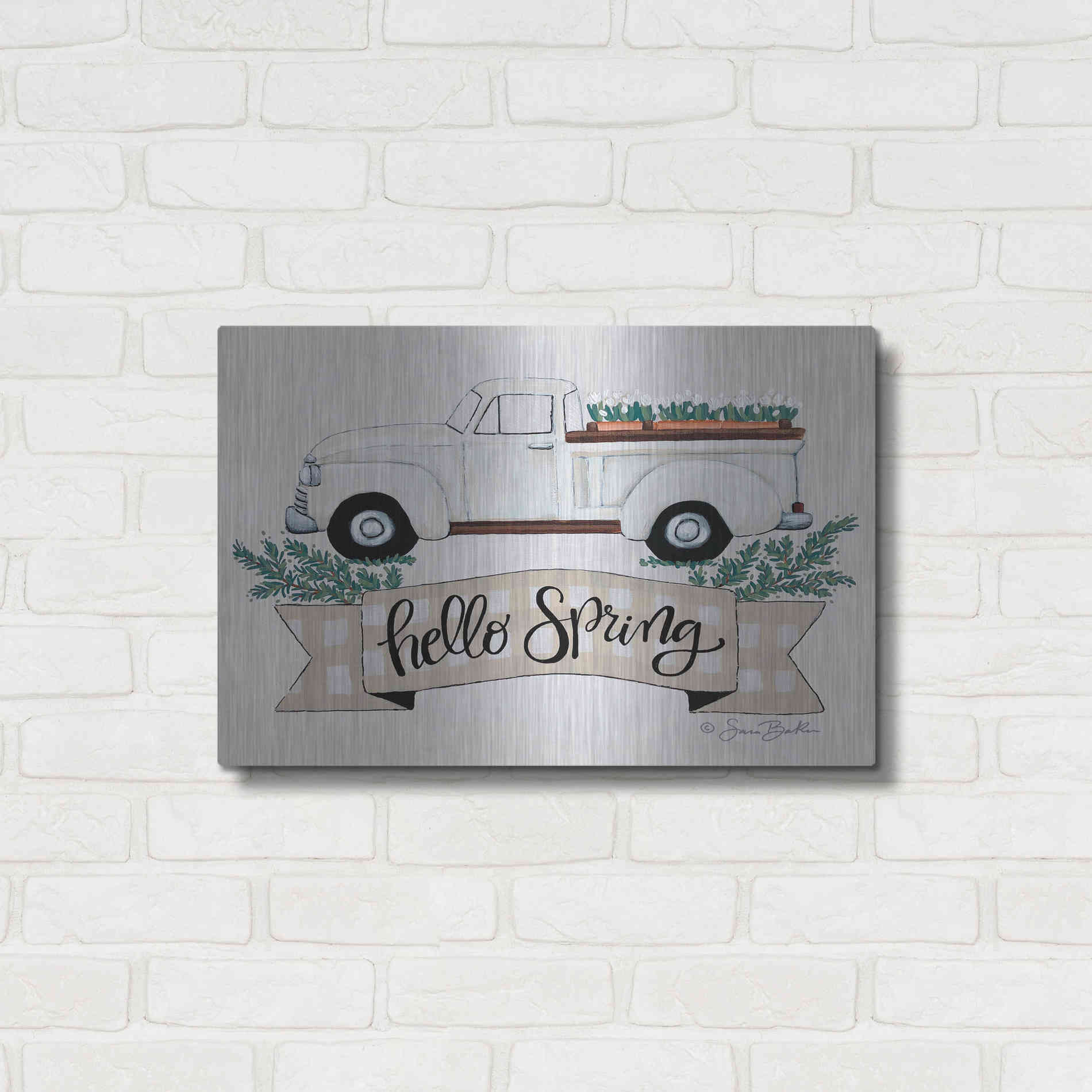 Luxe Metal Art 'Hello Spring Tulip Truck' by Sara Baker, Metal Wall Art,24x16