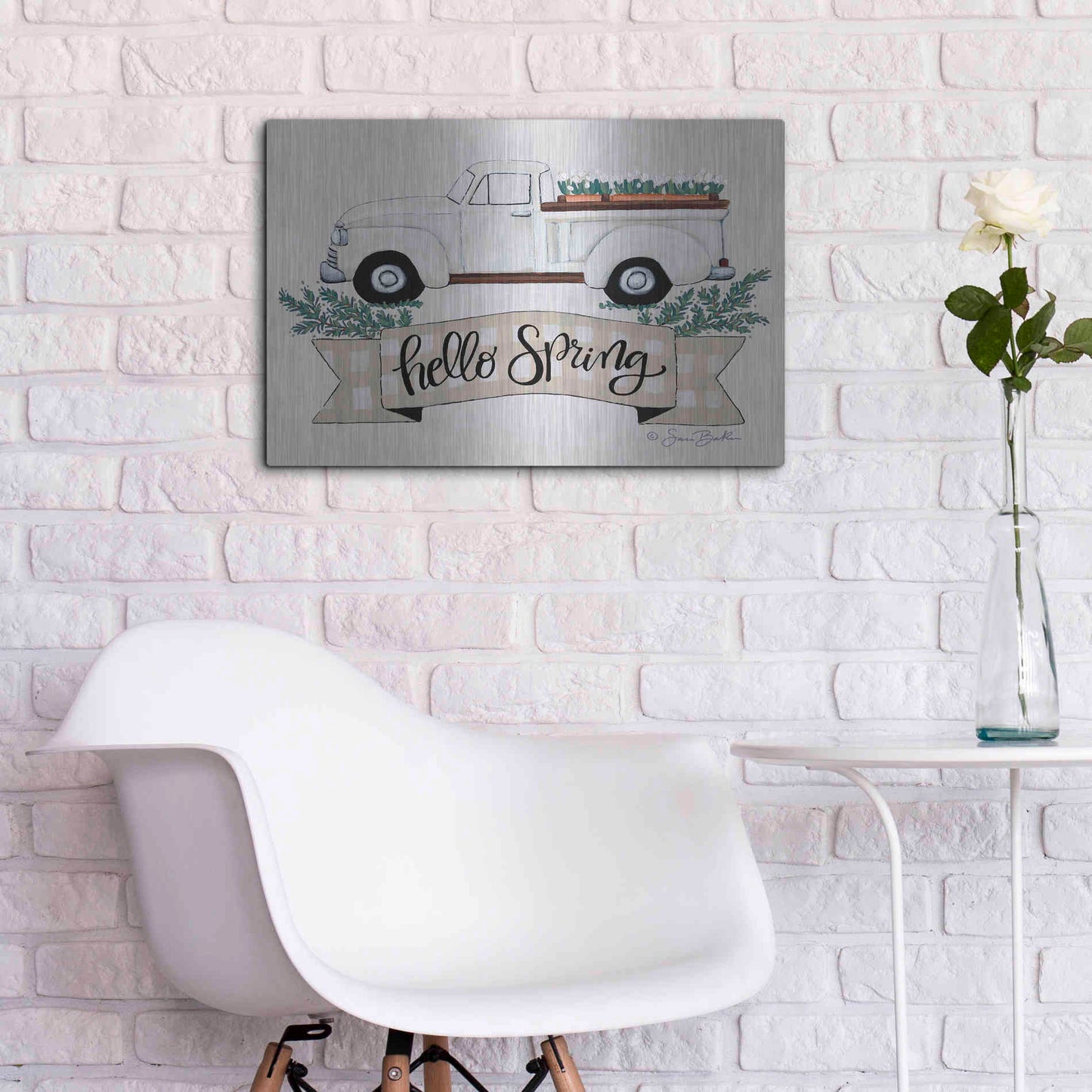 Luxe Metal Art 'Hello Spring Tulip Truck' by Sara Baker, Metal Wall Art,24x16