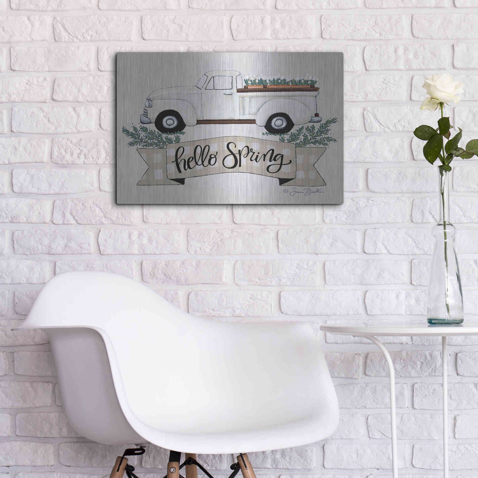 Luxe Metal Art 'Hello Spring Tulip Truck' by Sara Baker, Metal Wall Art,24x16