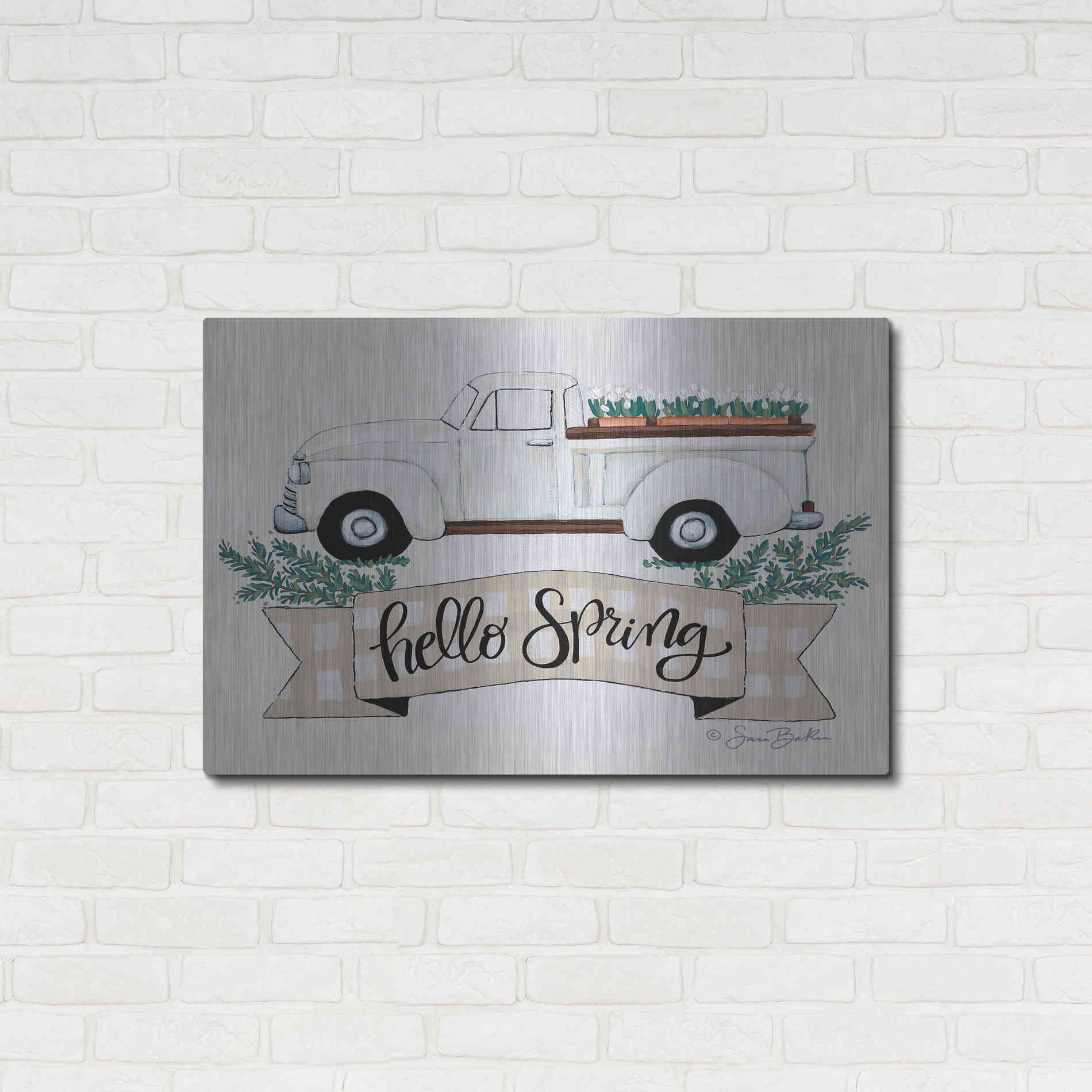 Luxe Metal Art 'Hello Spring Tulip Truck' by Sara Baker, Metal Wall Art,36x24