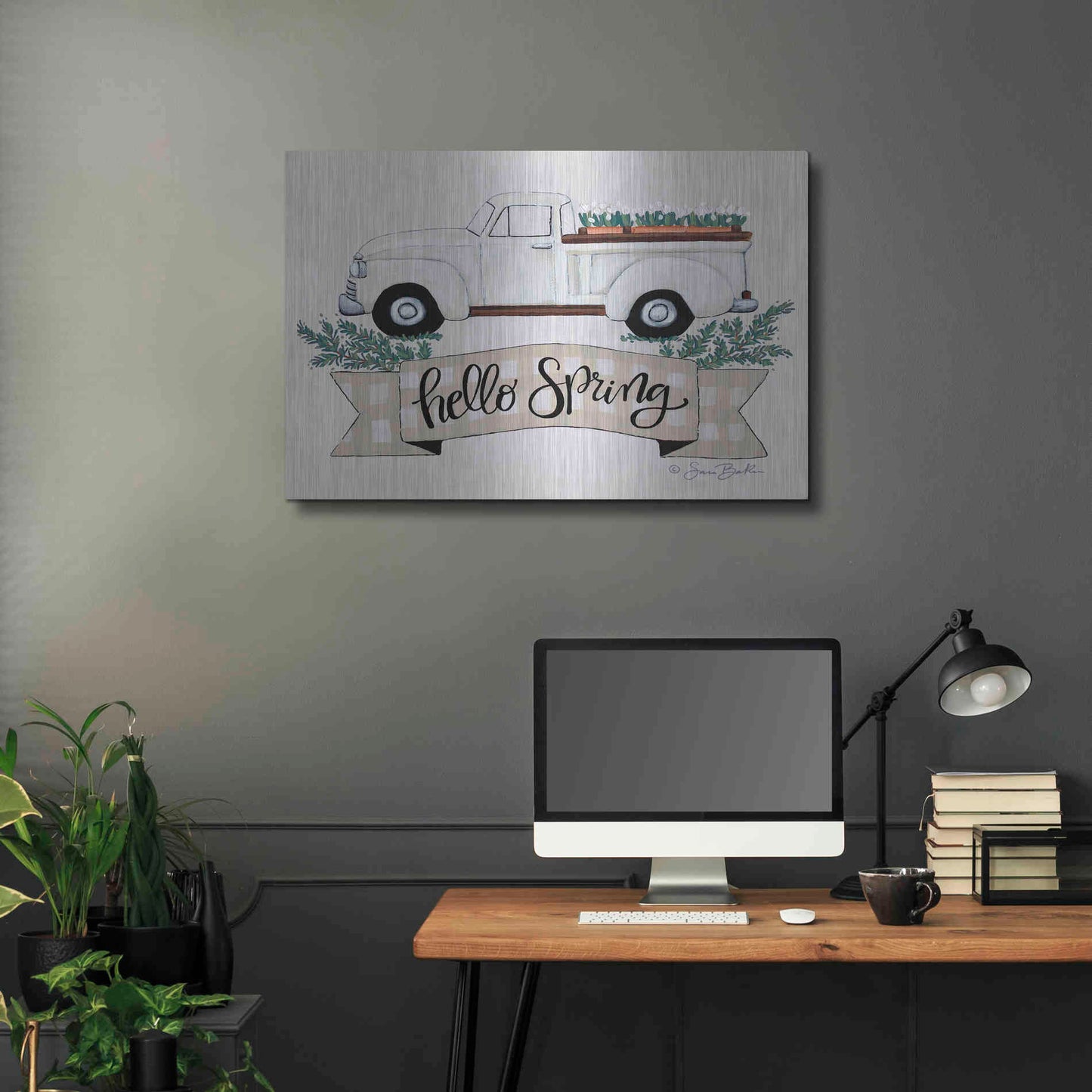 Luxe Metal Art 'Hello Spring Tulip Truck' by Sara Baker, Metal Wall Art,36x24