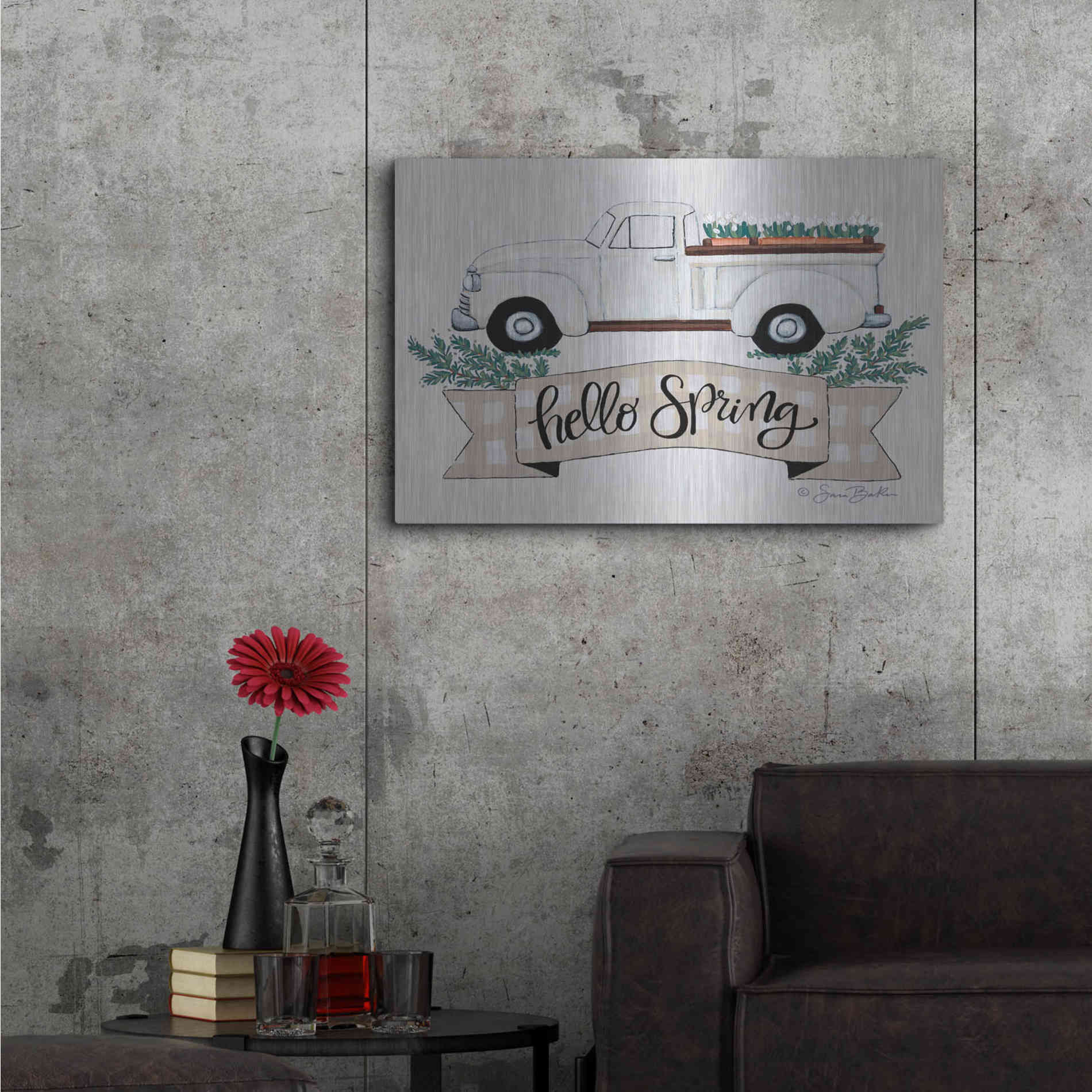 Luxe Metal Art 'Hello Spring Tulip Truck' by Sara Baker, Metal Wall Art,36x24