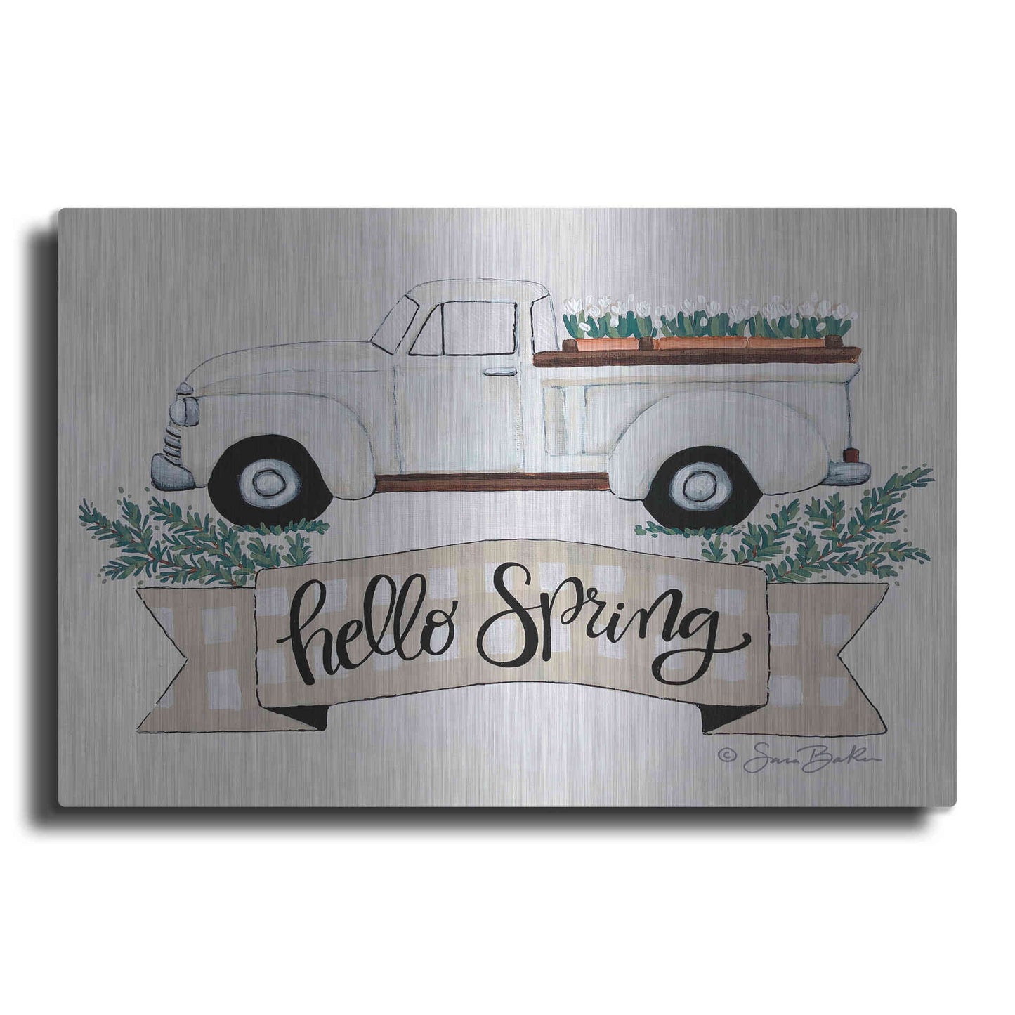 Luxe Metal Art 'Hello Spring Tulip Truck' by Sara Baker, Metal Wall Art