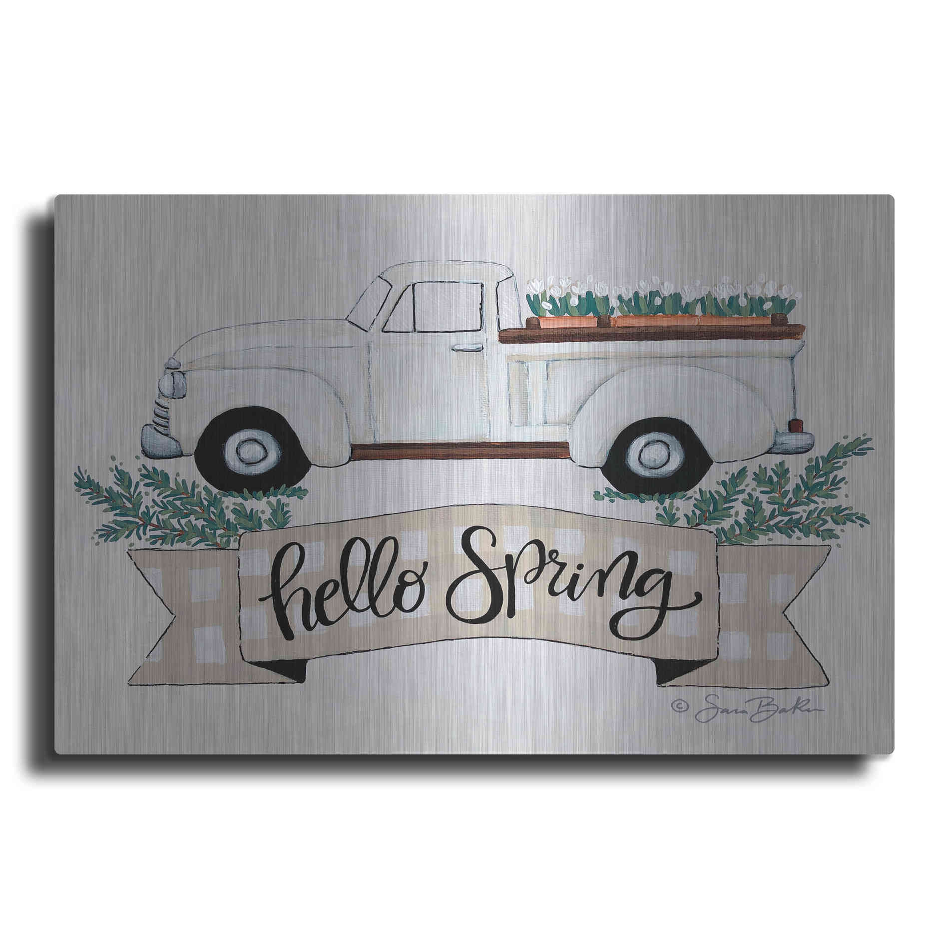 Luxe Metal Art 'Hello Spring Tulip Truck' by Sara Baker, Metal Wall Art