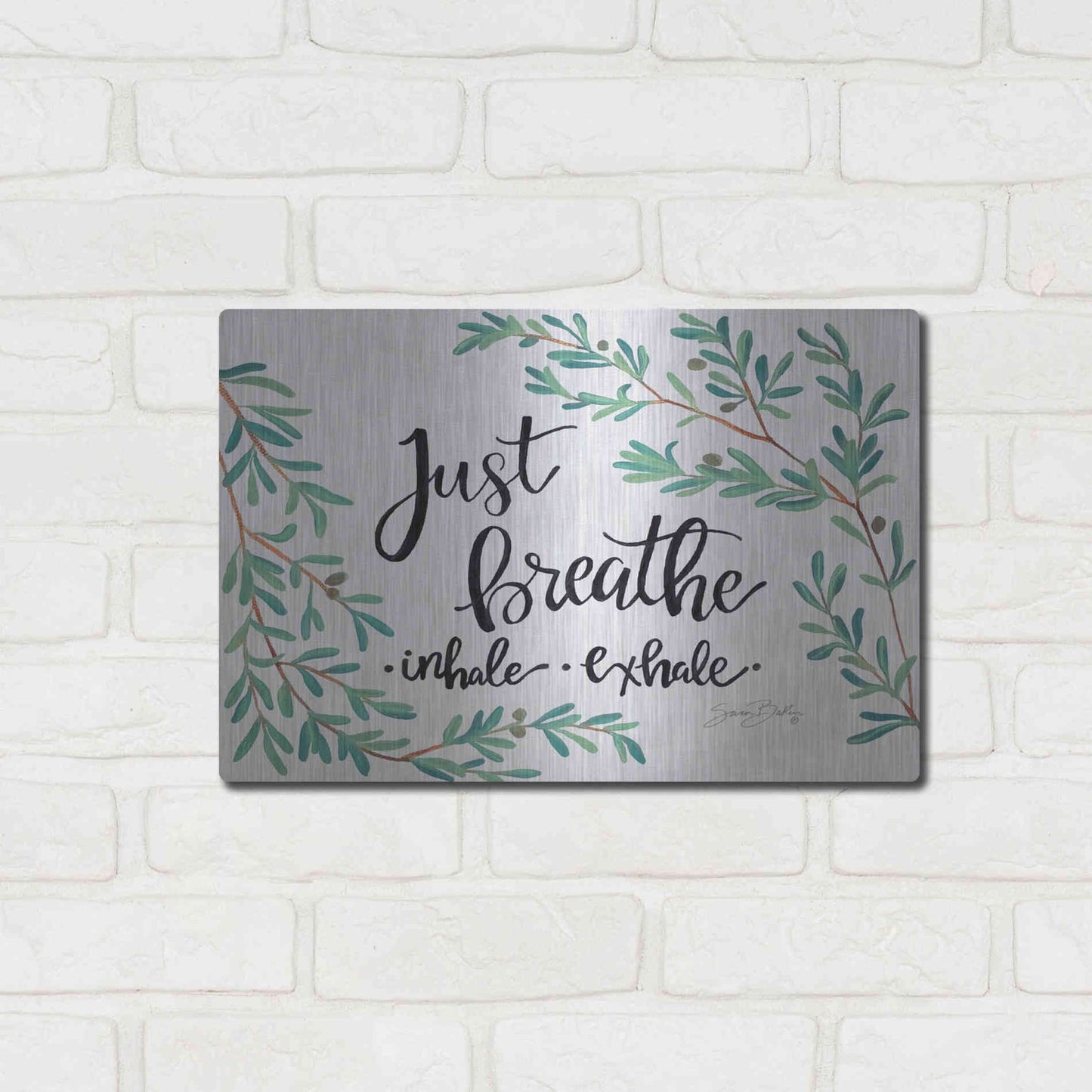 Luxe Metal Art 'Just Breathe Olive Stems' by Sara Baker, Metal Wall Art,16x12