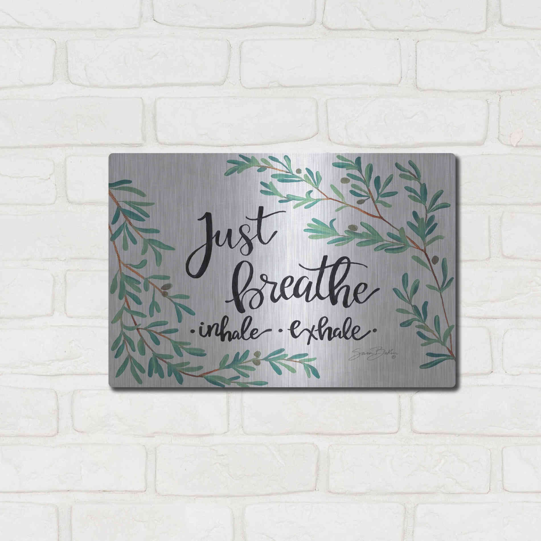 Luxe Metal Art 'Just Breathe Olive Stems' by Sara Baker, Metal Wall Art,16x12