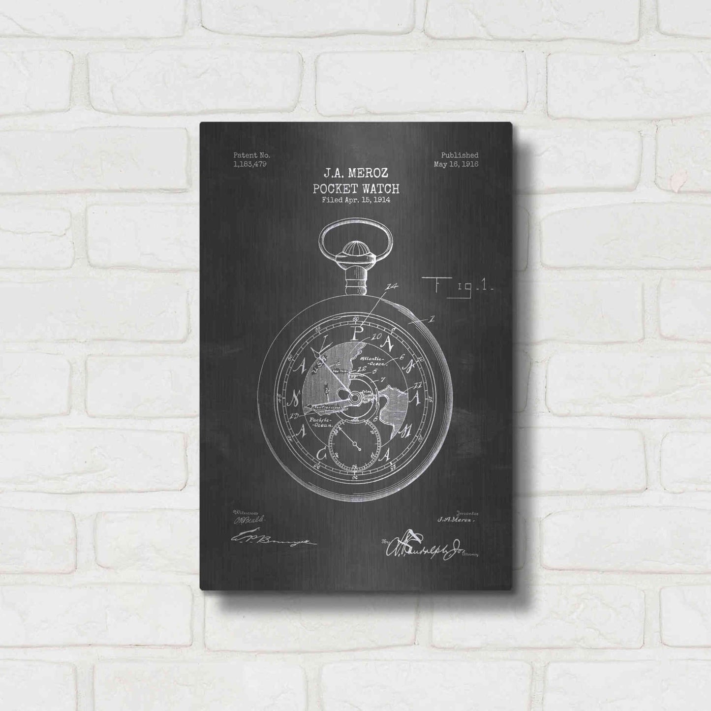 Luxe Metal Art 'Pocket Watch Blueprint Patent Chalkboard' Metal Wall Art,12x16