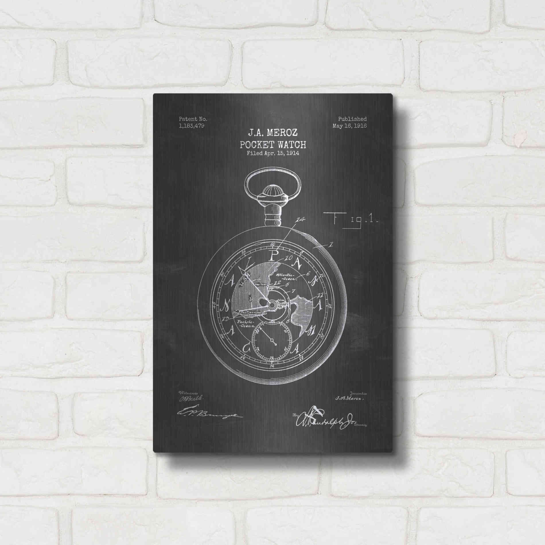 Luxe Metal Art 'Pocket Watch Blueprint Patent Chalkboard' Metal Wall Art,12x16