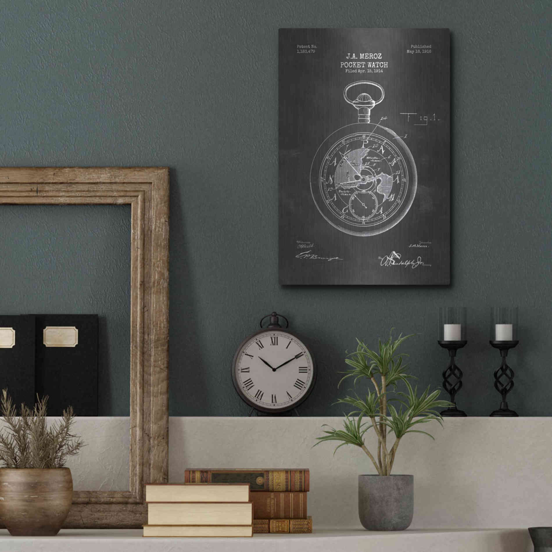 Luxe Metal Art 'Pocket Watch Blueprint Patent Chalkboard' Metal Wall Art,12x16