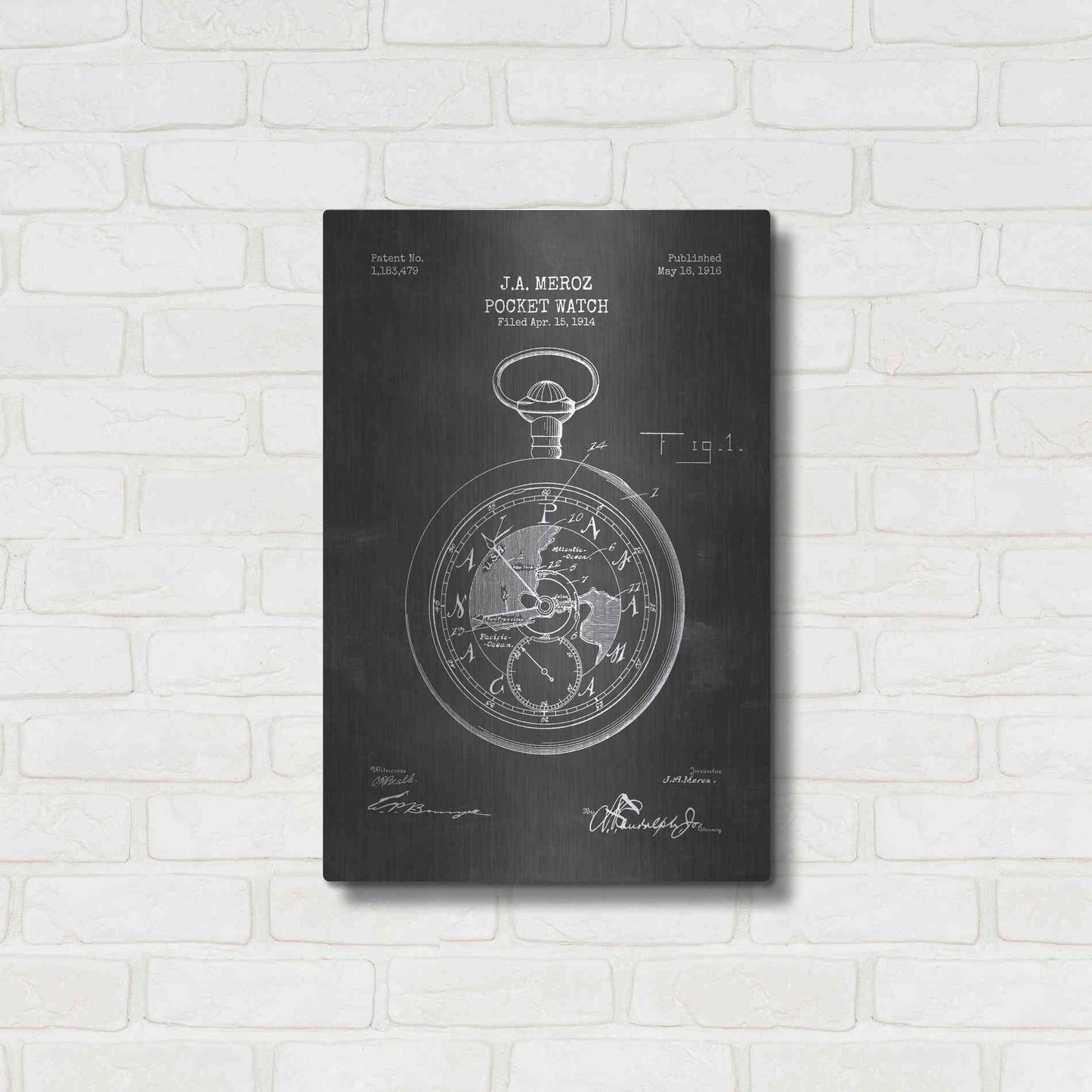 Luxe Metal Art 'Pocket Watch Blueprint Patent Chalkboard' Metal Wall Art,16x24