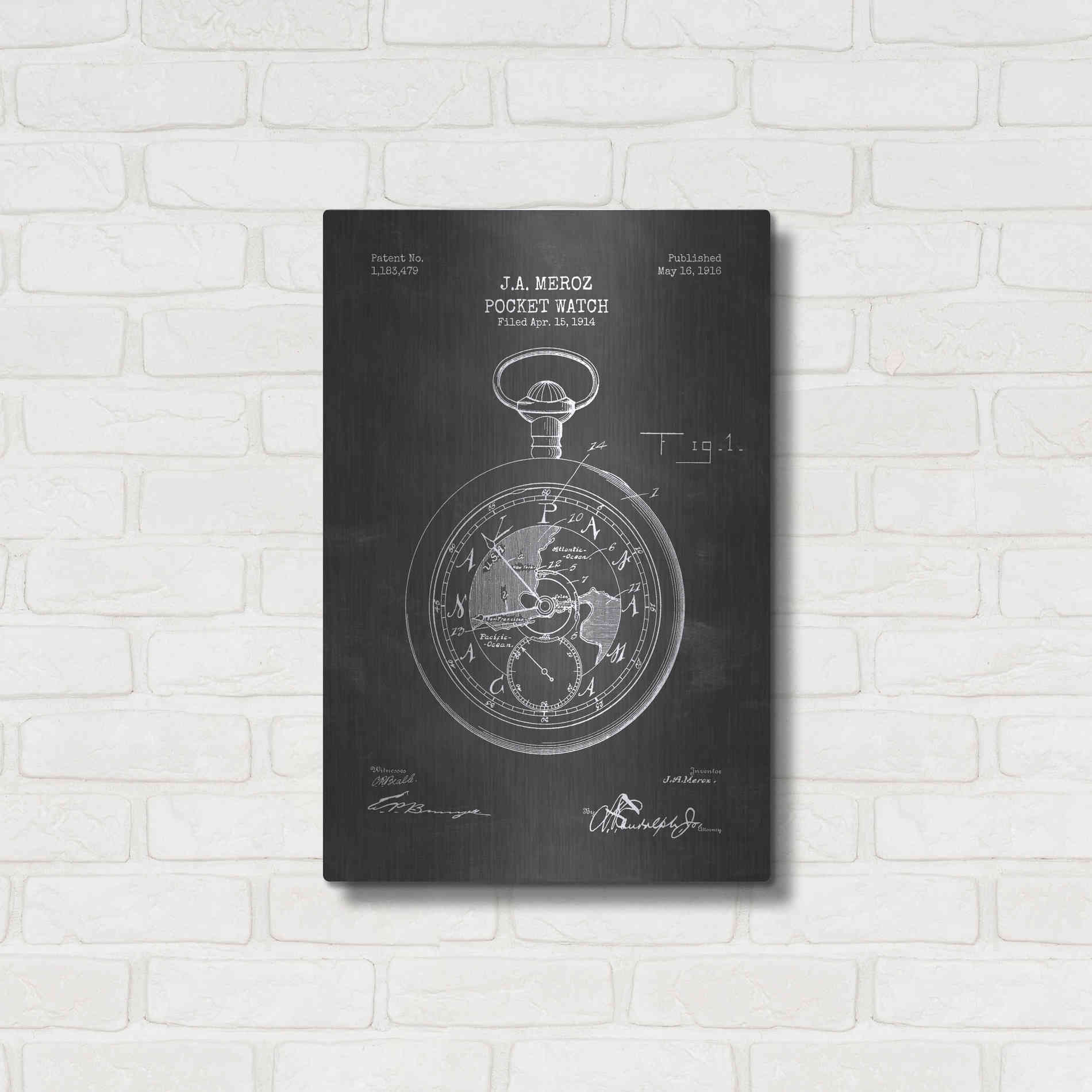 Luxe Metal Art 'Pocket Watch Blueprint Patent Chalkboard' Metal Wall Art,16x24