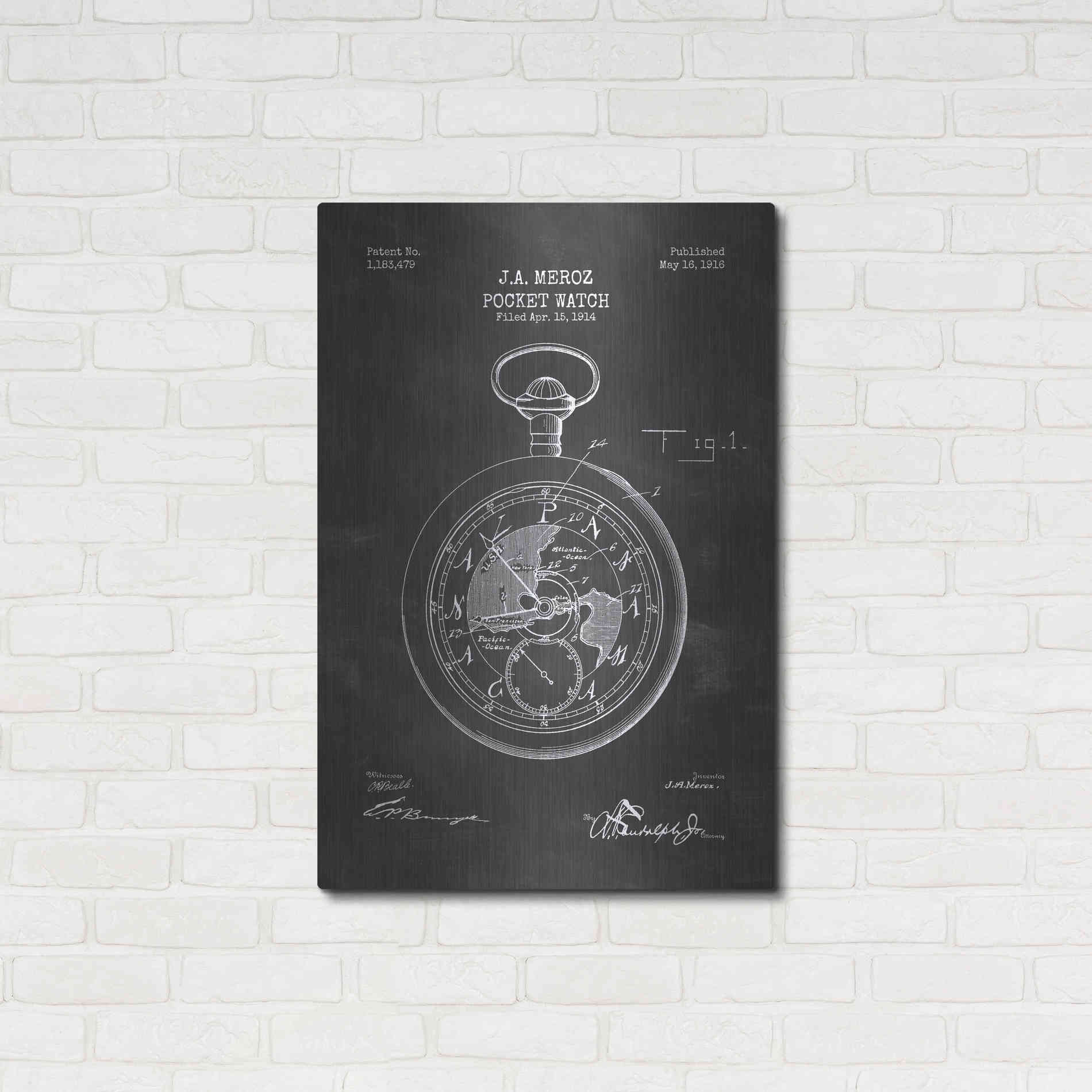 Luxe Metal Art 'Pocket Watch Blueprint Patent Chalkboard' Metal Wall Art,24x36