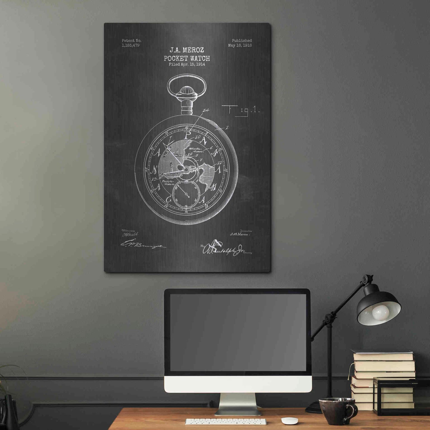 Luxe Metal Art 'Pocket Watch Blueprint Patent Chalkboard' Metal Wall Art,24x36
