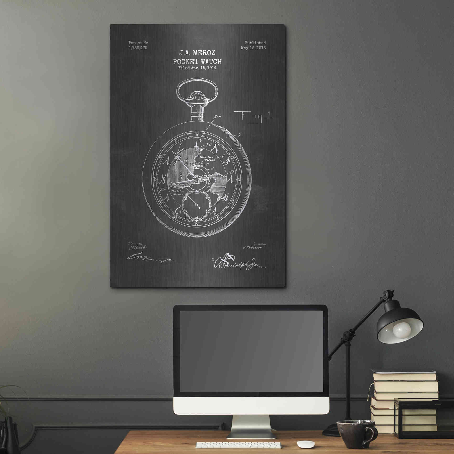 Luxe Metal Art 'Pocket Watch Blueprint Patent Chalkboard' Metal Wall Art,24x36