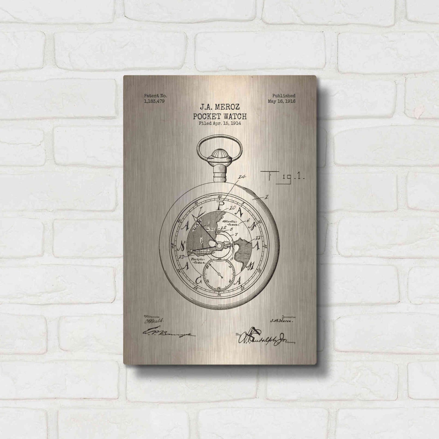 Luxe Metal Art 'Pocket Watch Blueprint Patent Parchment' Metal Wall Art,12x16