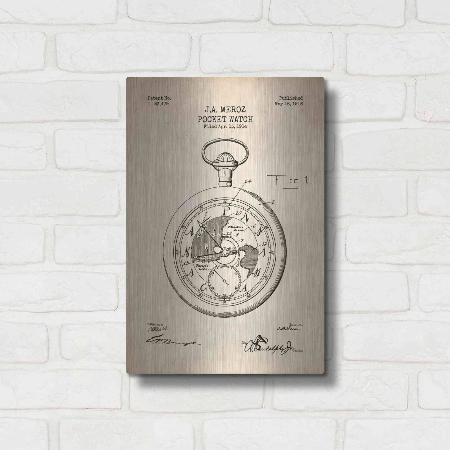 Luxe Metal Art 'Pocket Watch Blueprint Patent Parchment' Metal Wall Art,12x16