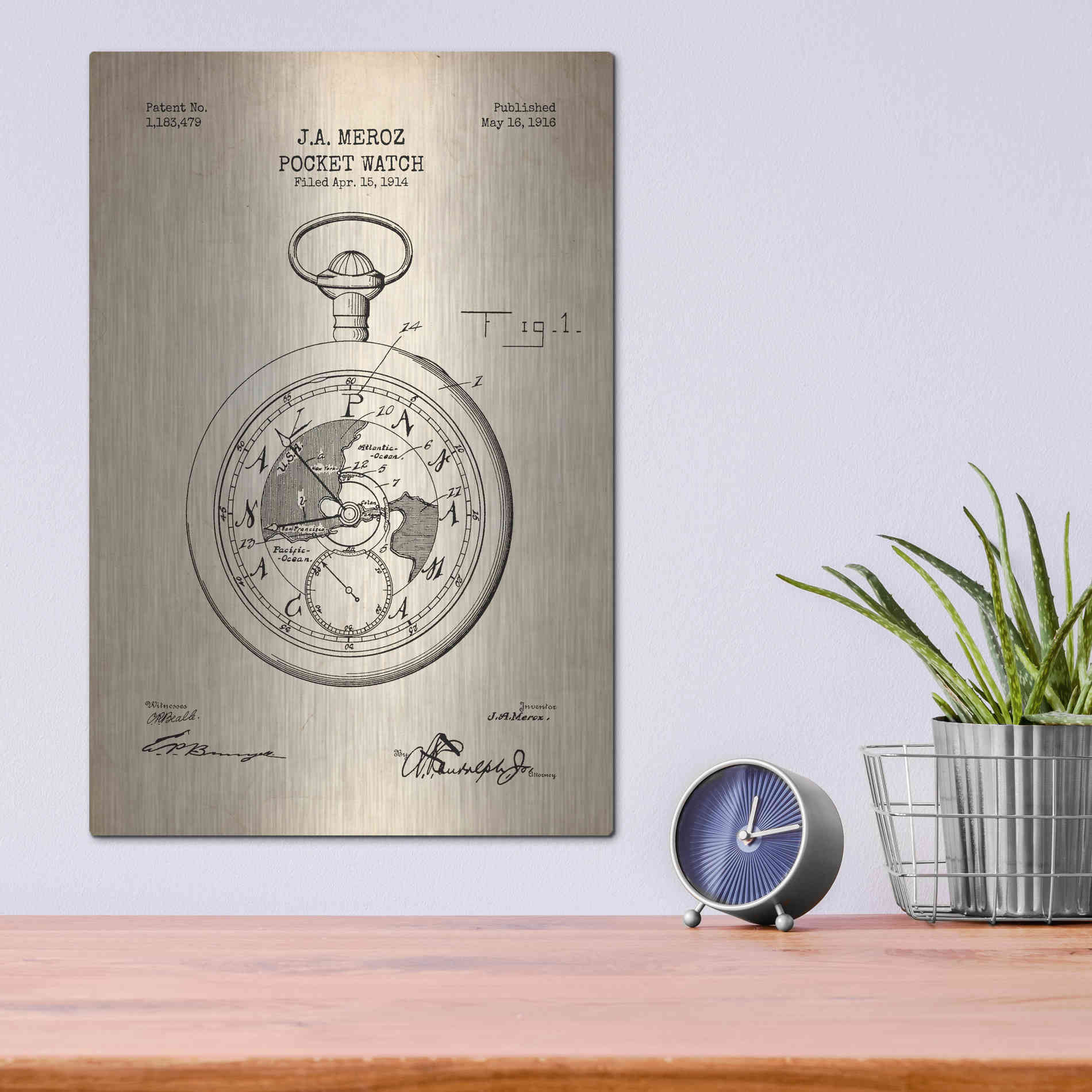 Luxe Metal Art 'Pocket Watch Blueprint Patent Parchment' Metal Wall Art,12x16