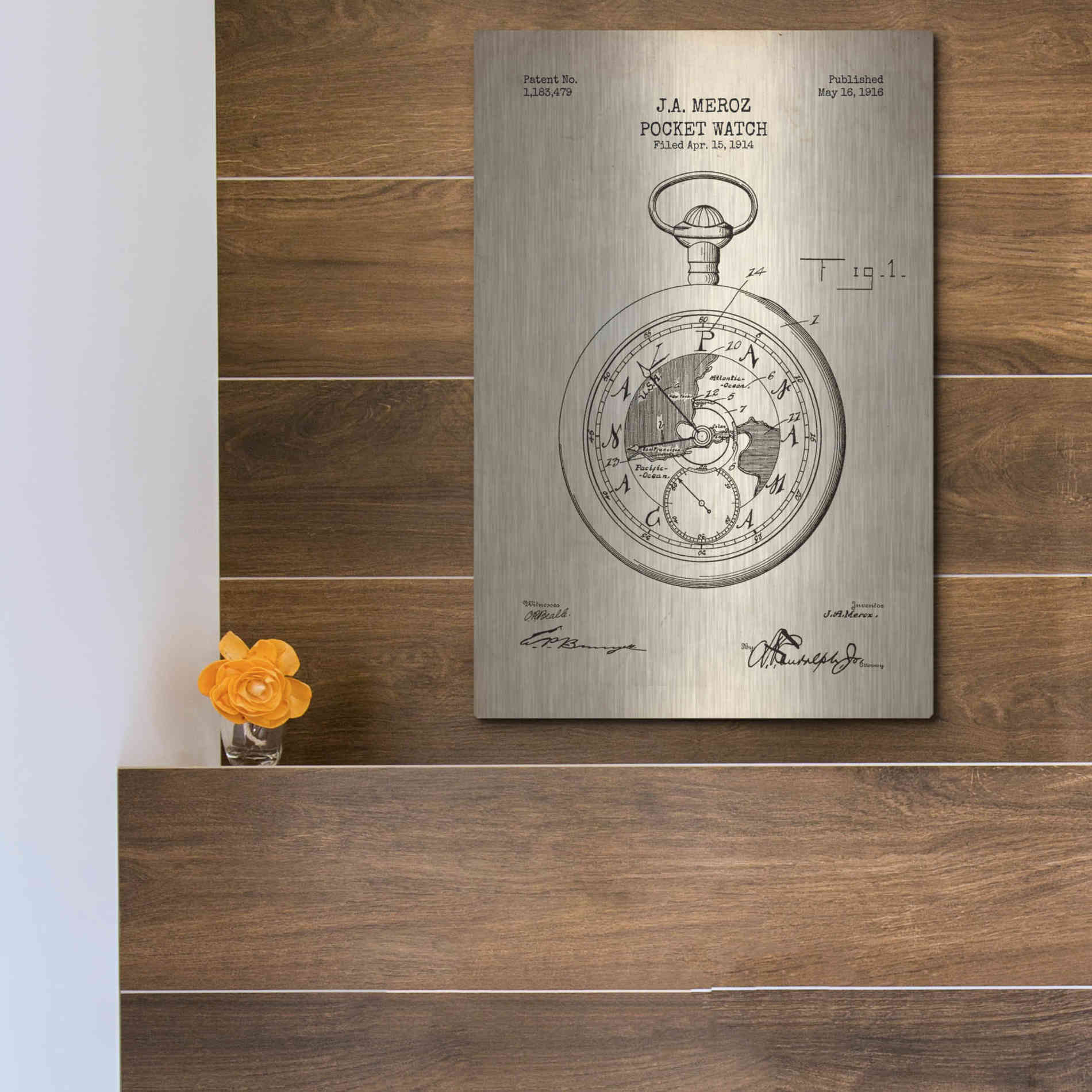 Luxe Metal Art 'Pocket Watch Blueprint Patent Parchment' Metal Wall Art,12x16