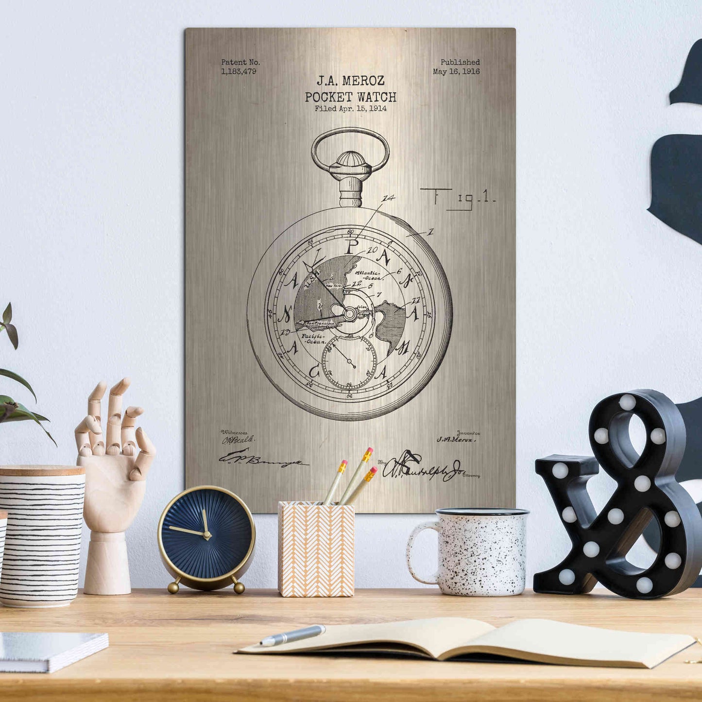Luxe Metal Art 'Pocket Watch Blueprint Patent Parchment' Metal Wall Art,12x16