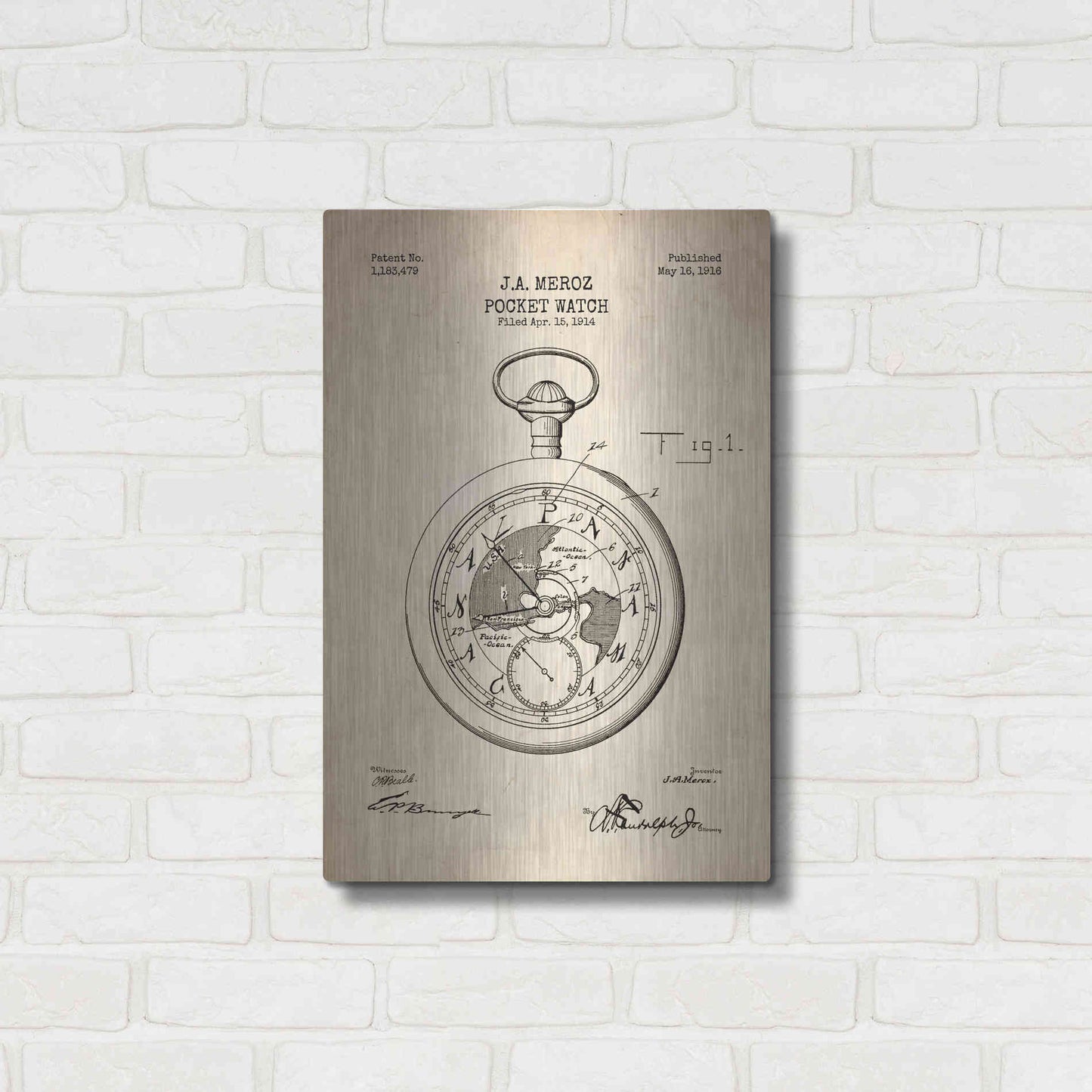 Luxe Metal Art 'Pocket Watch Blueprint Patent Parchment' Metal Wall Art,16x24