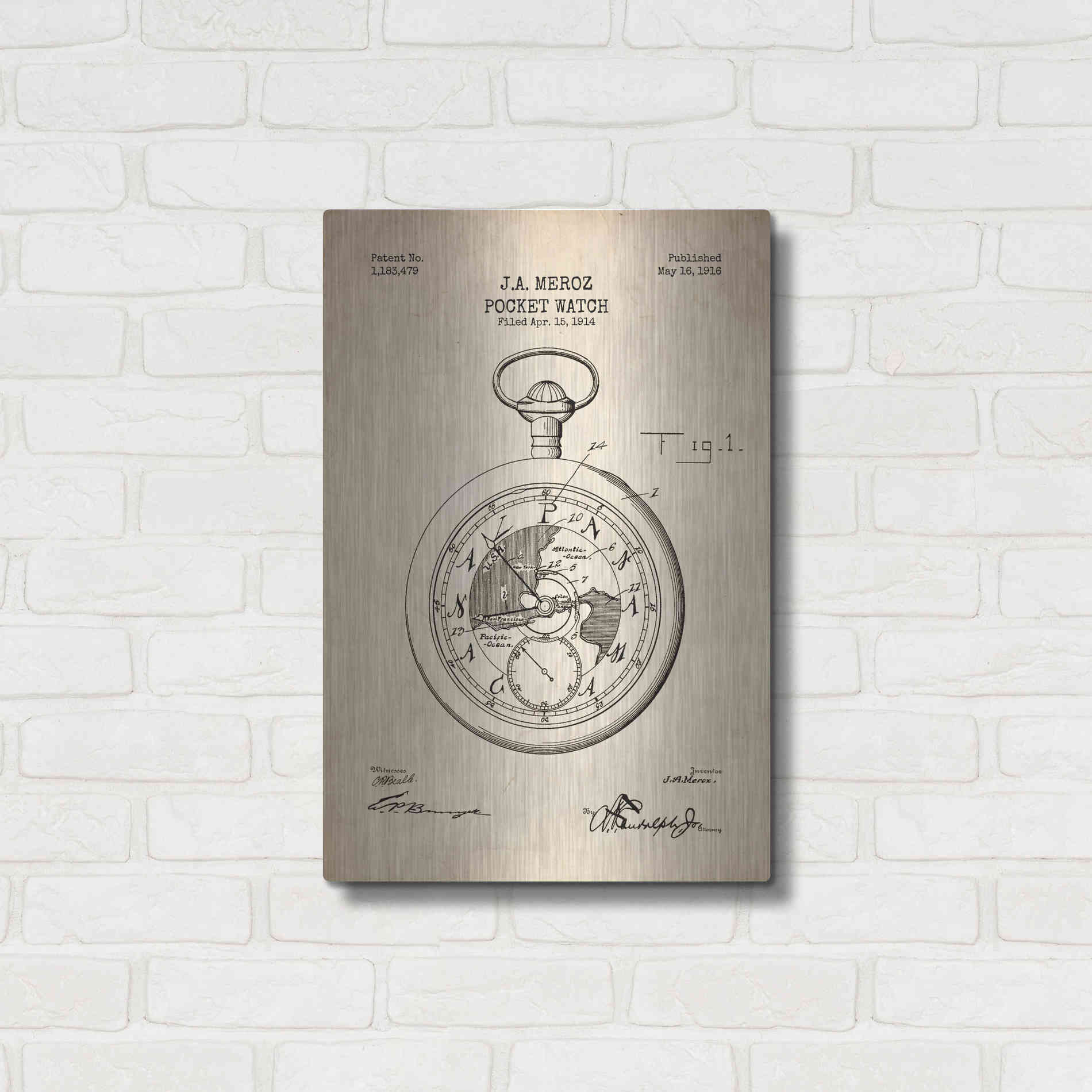 Luxe Metal Art 'Pocket Watch Blueprint Patent Parchment' Metal Wall Art,16x24