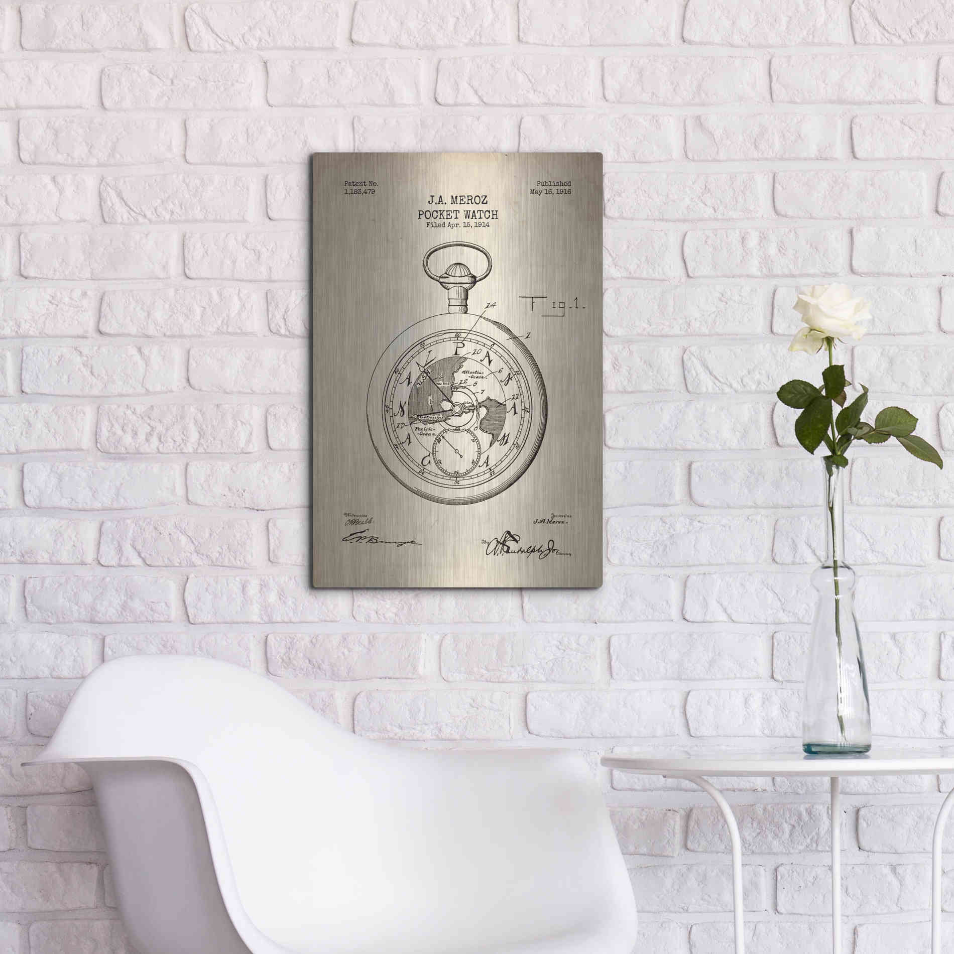 Luxe Metal Art 'Pocket Watch Blueprint Patent Parchment' Metal Wall Art,16x24