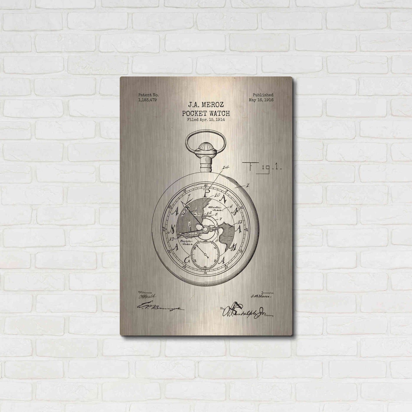 Luxe Metal Art 'Pocket Watch Blueprint Patent Parchment' Metal Wall Art,24x36