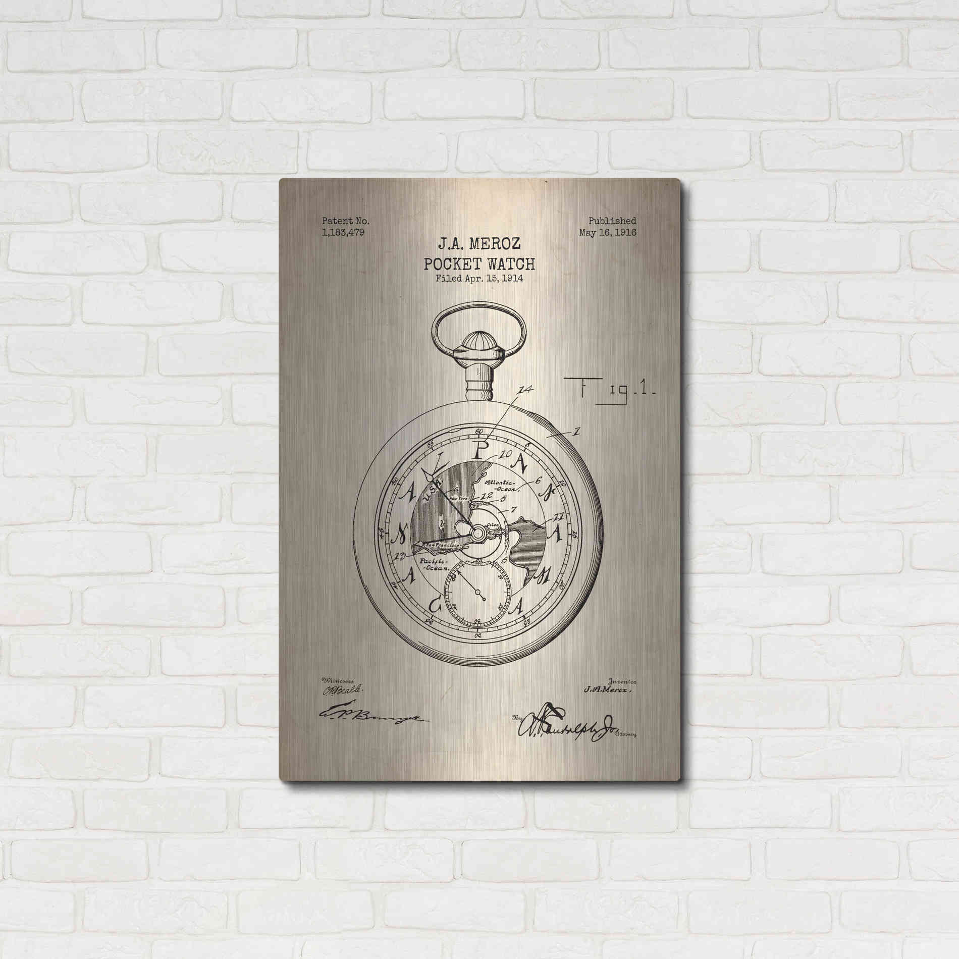 Luxe Metal Art 'Pocket Watch Blueprint Patent Parchment' Metal Wall Art,24x36