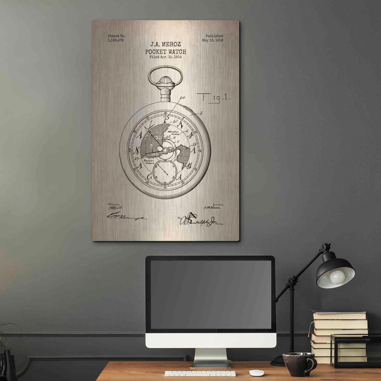 Luxe Metal Art 'Pocket Watch Blueprint Patent Parchment' Metal Wall Art,24x36
