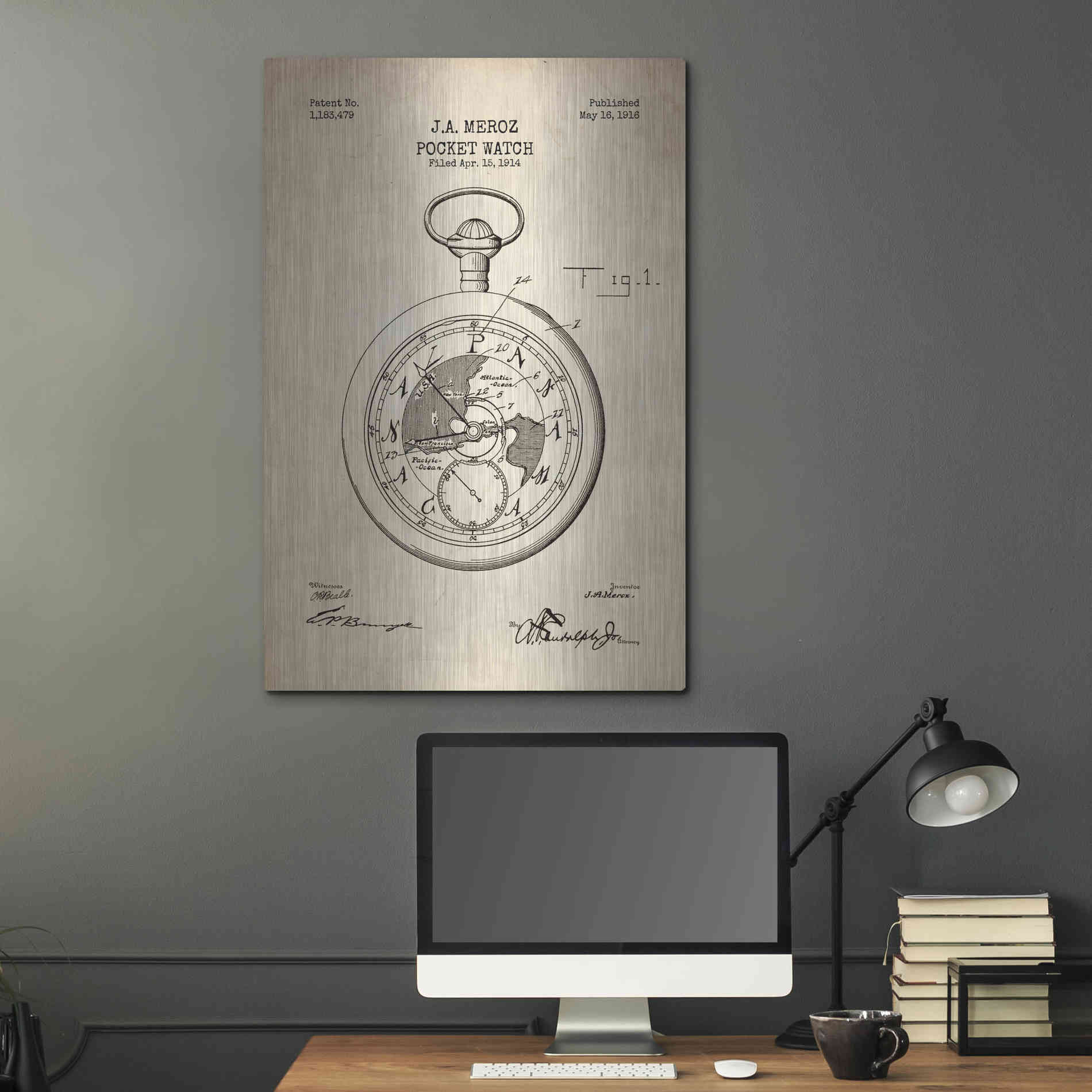 Luxe Metal Art 'Pocket Watch Blueprint Patent Parchment' Metal Wall Art,24x36