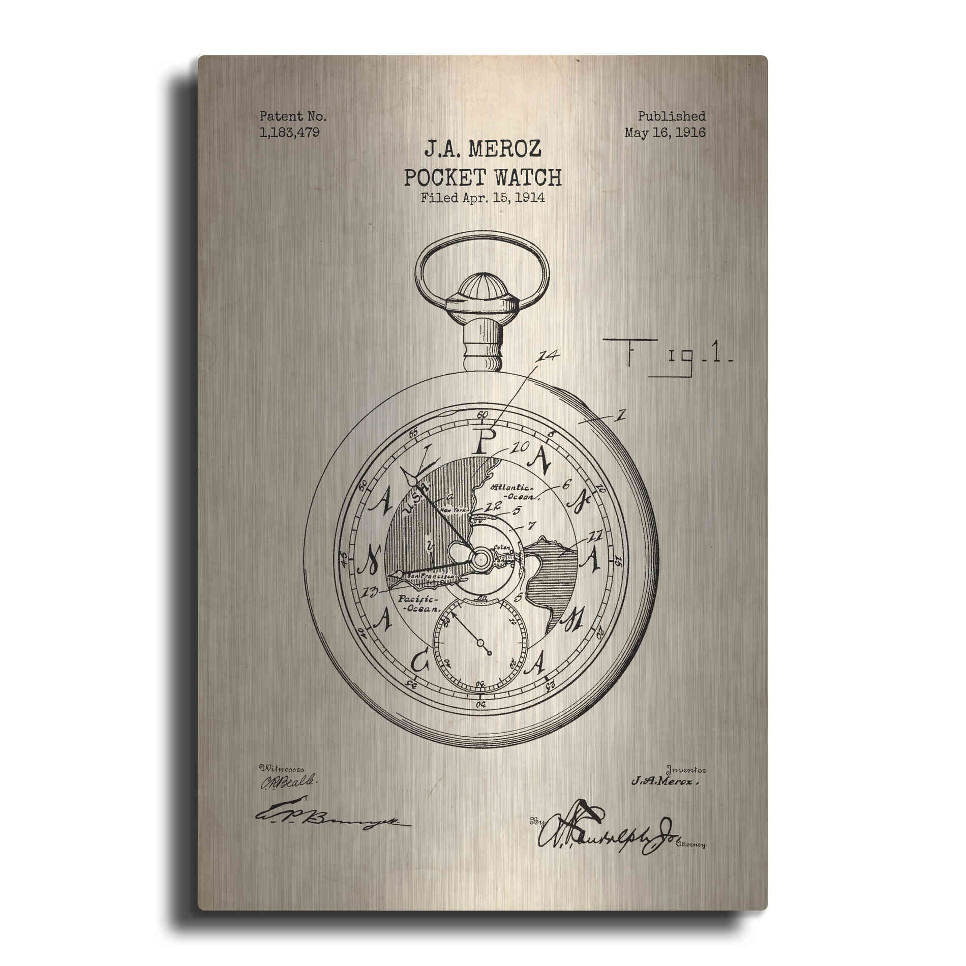 Luxe Metal Art 'Pocket Watch Blueprint Patent Parchment' Metal Wall Art