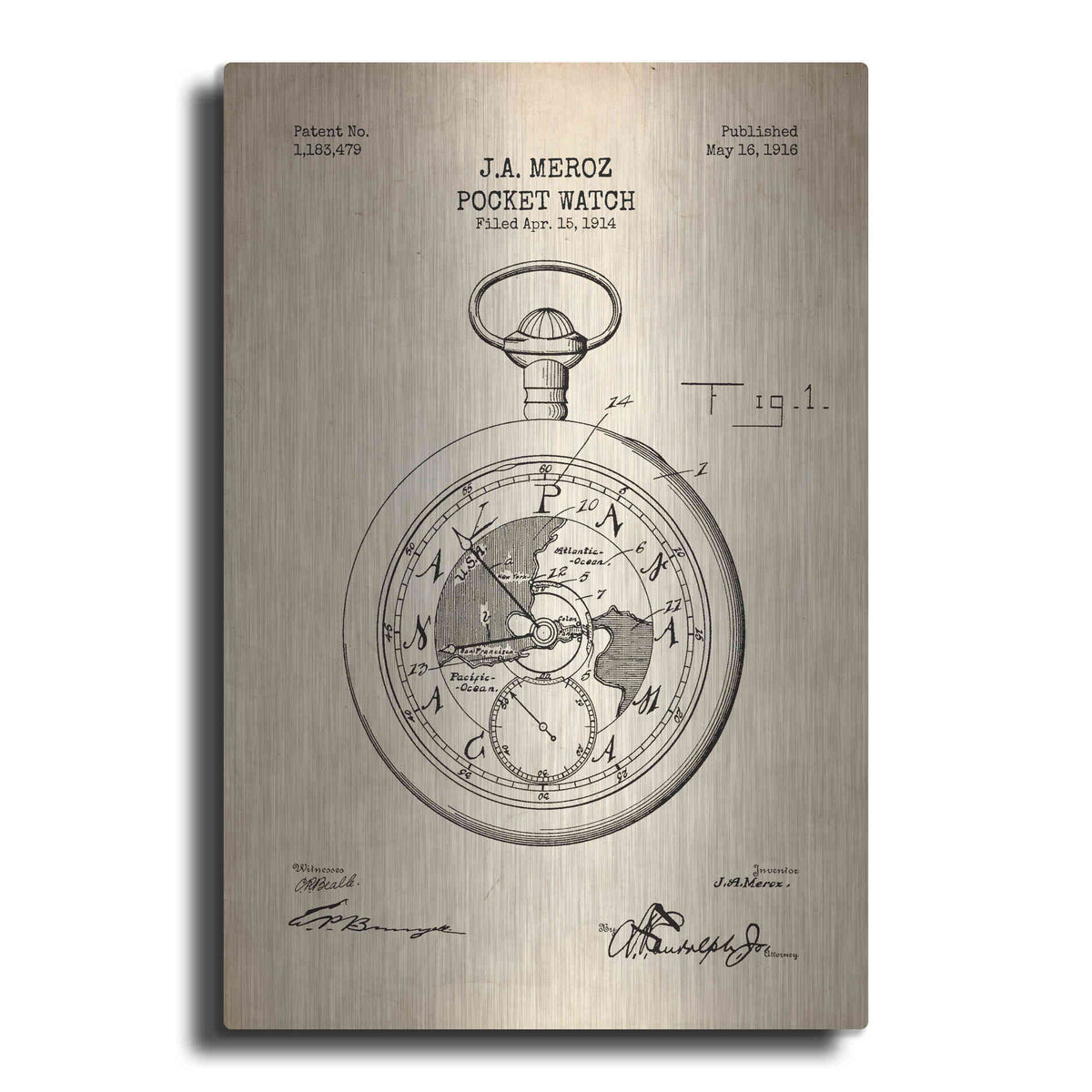Luxe Metal Art 'Pocket Watch Blueprint Patent Parchment' Metal Wall Art