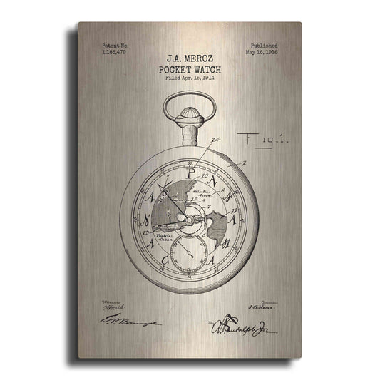 Luxe Metal Art 'Pocket Watch Blueprint Patent Parchment' Metal Wall Art