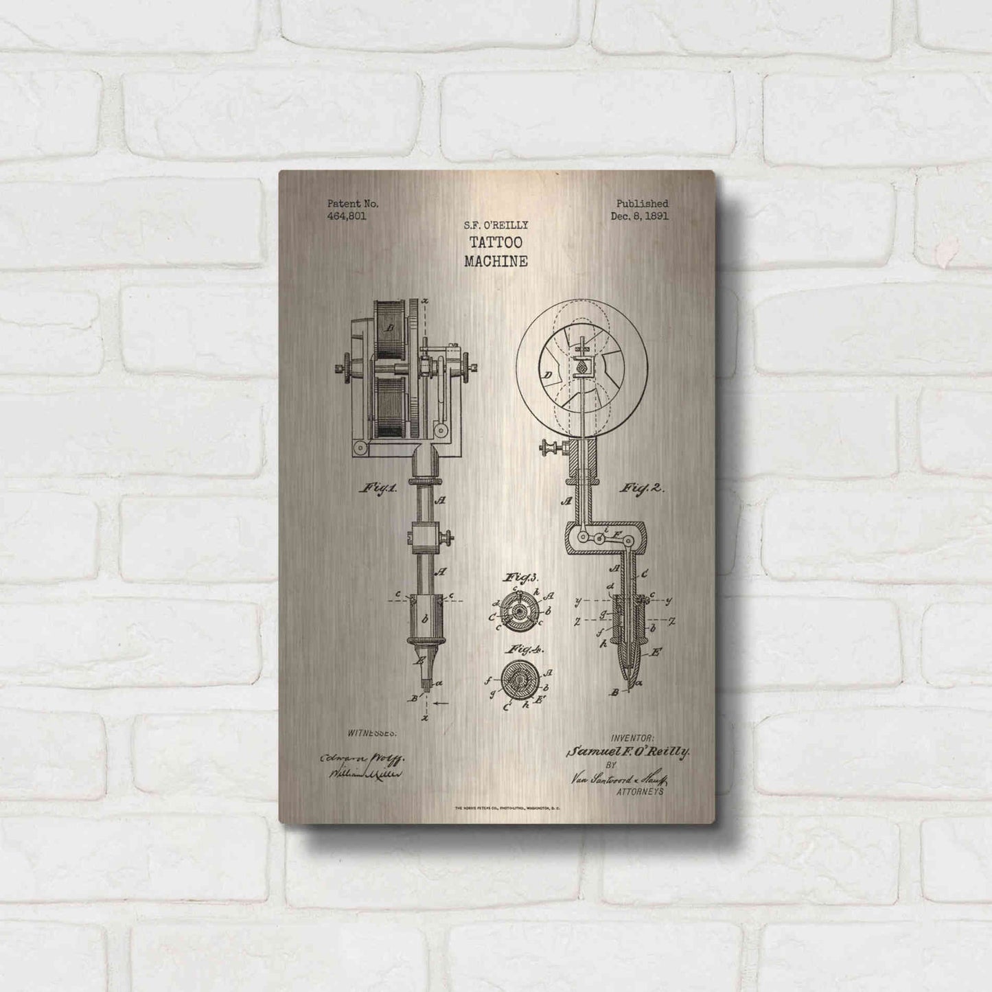 Luxe Metal Art 'Tattoo Machine Blueprint Patent Parchment' Metal Wall Art,12x16