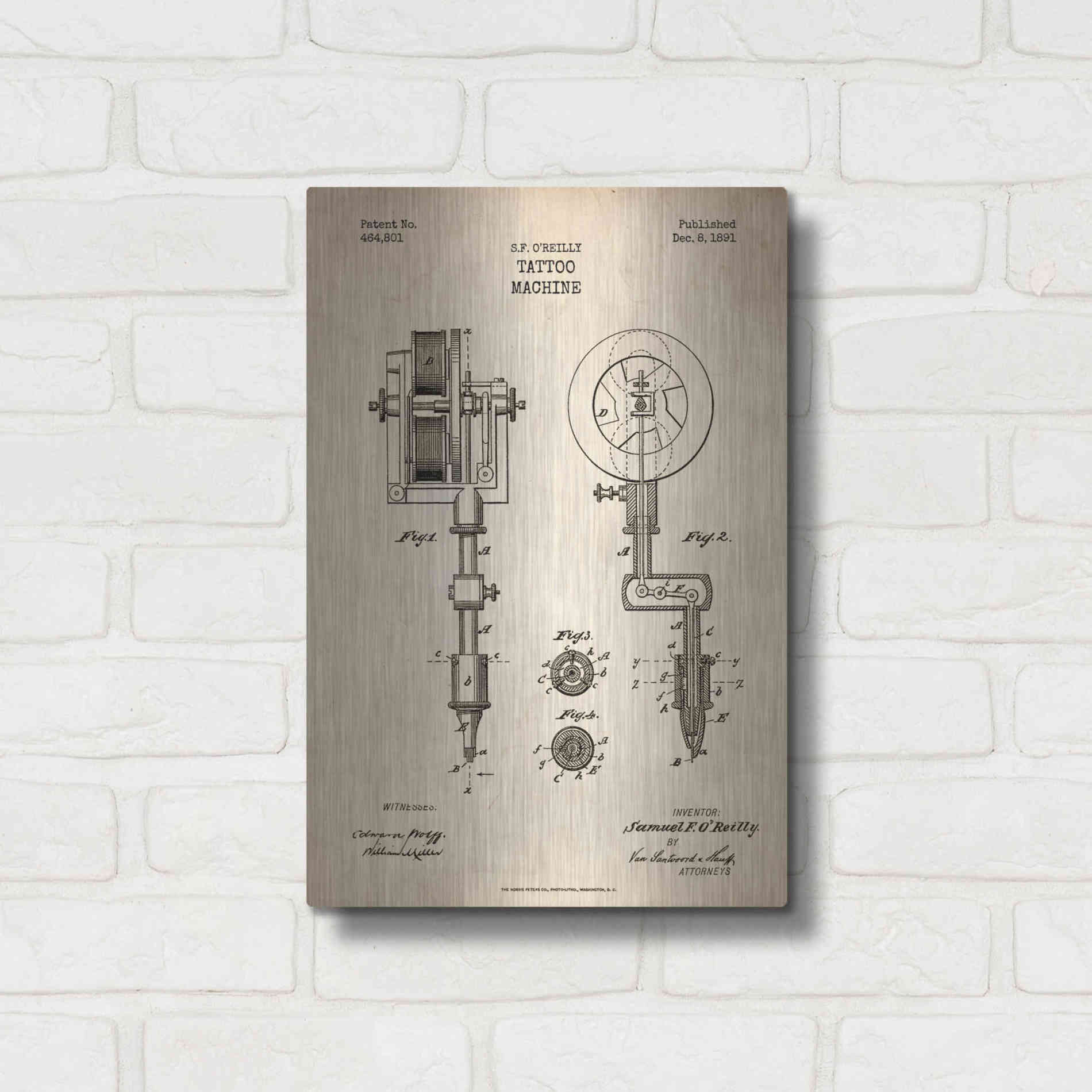 Luxe Metal Art 'Tattoo Machine Blueprint Patent Parchment' Metal Wall Art,12x16