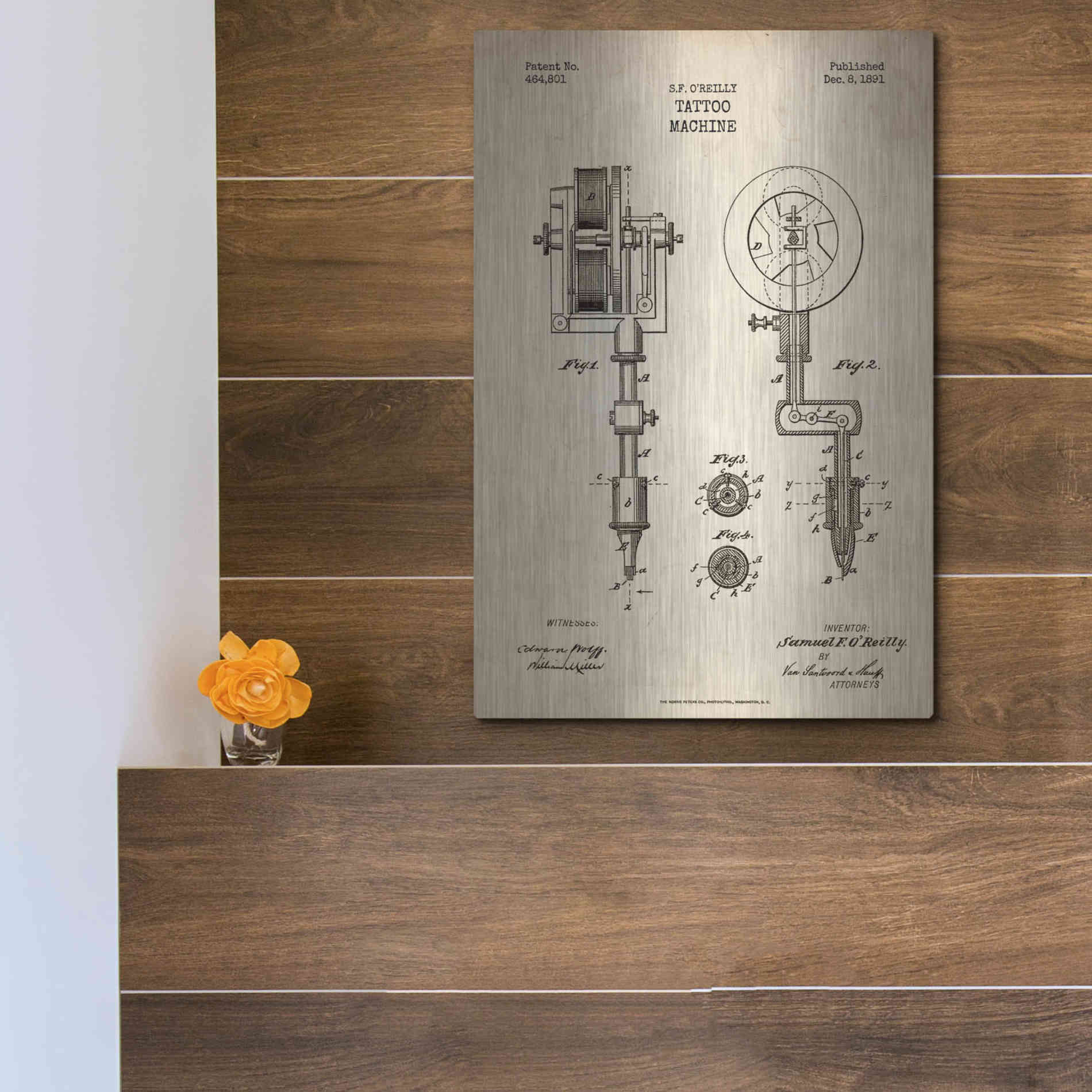 Luxe Metal Art 'Tattoo Machine Blueprint Patent Parchment' Metal Wall Art,12x16