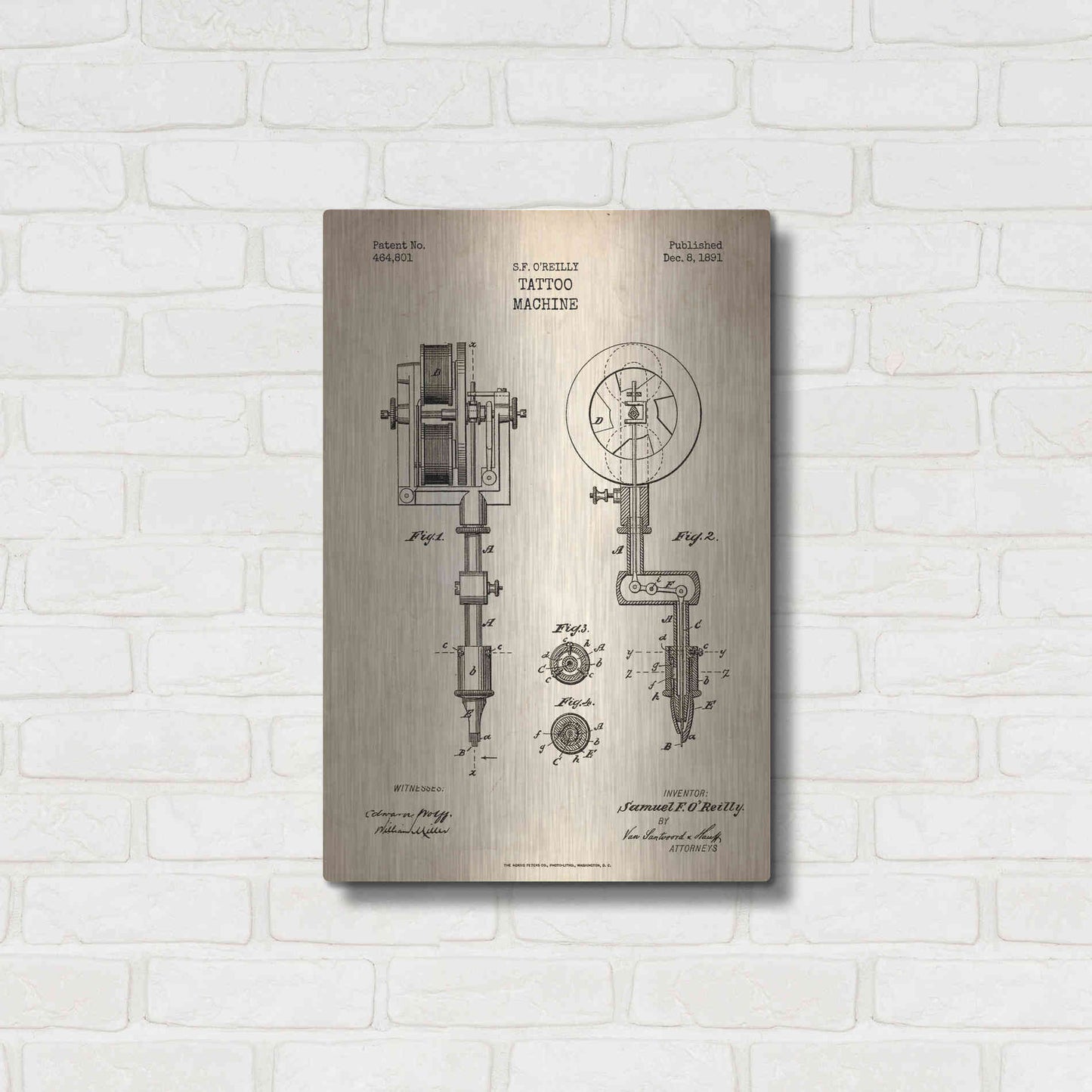 Luxe Metal Art 'Tattoo Machine Blueprint Patent Parchment' Metal Wall Art,16x24