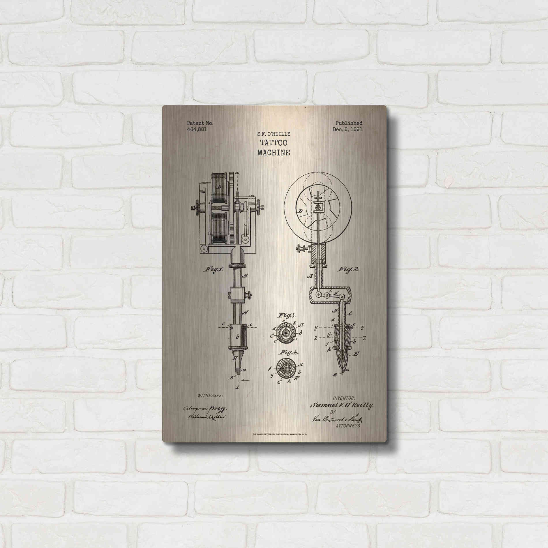 Luxe Metal Art 'Tattoo Machine Blueprint Patent Parchment' Metal Wall Art,16x24