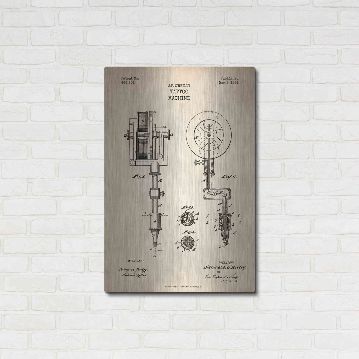Luxe Metal Art 'Tattoo Machine Blueprint Patent Parchment' Metal Wall Art,24x36