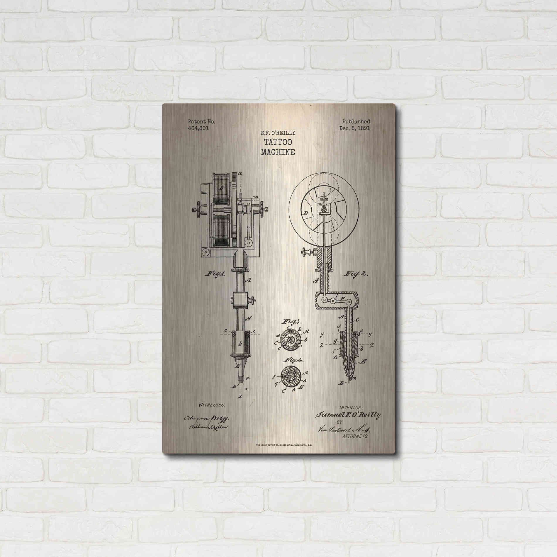 Luxe Metal Art 'Tattoo Machine Blueprint Patent Parchment' Metal Wall Art,24x36