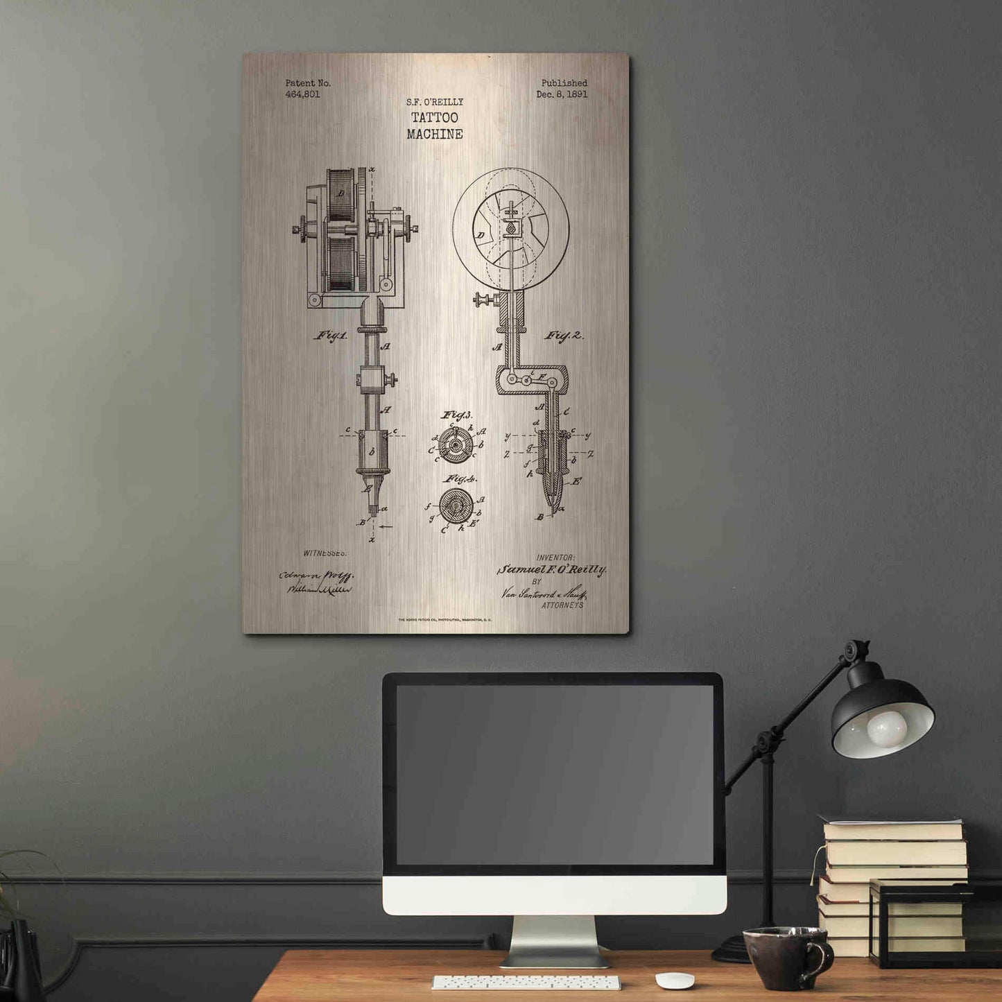 Luxe Metal Art 'Tattoo Machine Blueprint Patent Parchment' Metal Wall Art,24x36