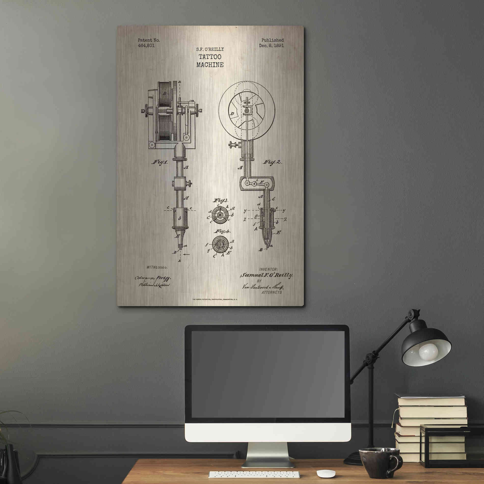 Luxe Metal Art 'Tattoo Machine Blueprint Patent Parchment' Metal Wall Art,24x36