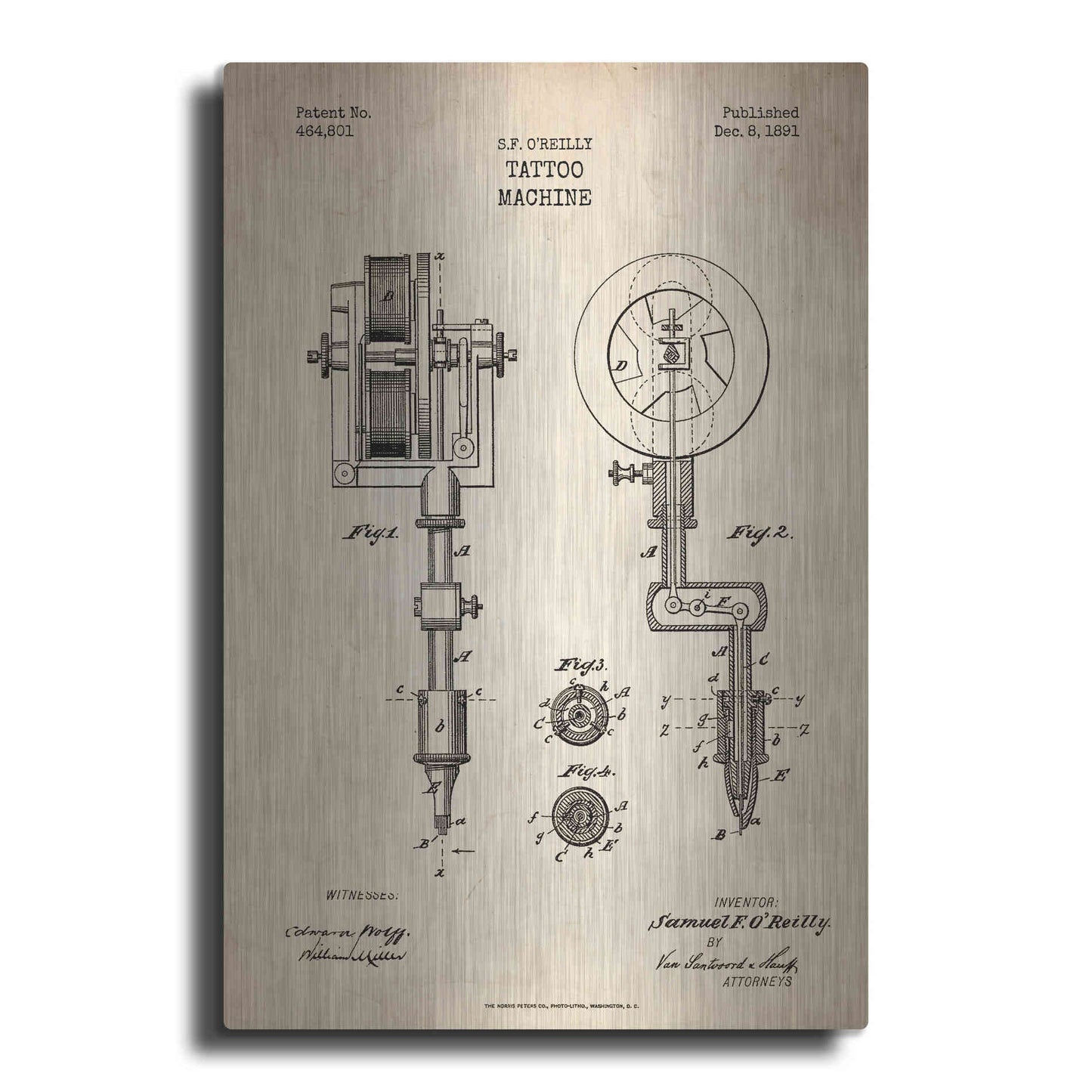 Luxe Metal Art 'Tattoo Machine Blueprint Patent Parchment' Metal Wall Art