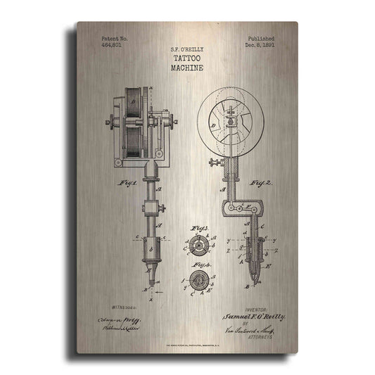 Luxe Metal Art 'Tattoo Machine Blueprint Patent Parchment' Metal Wall Art