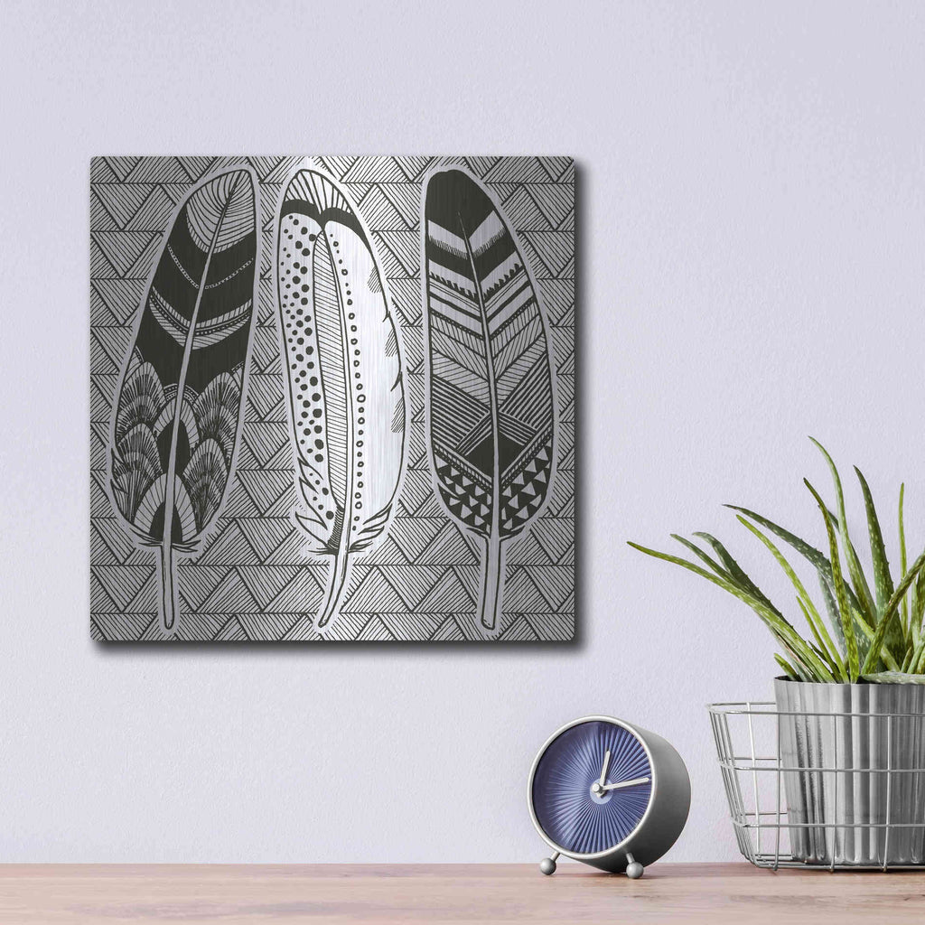 Luxe Metal Art 'Geo Feathers I Zentangle' by Sara Zieve Miller, Metal Wall Art,12x12