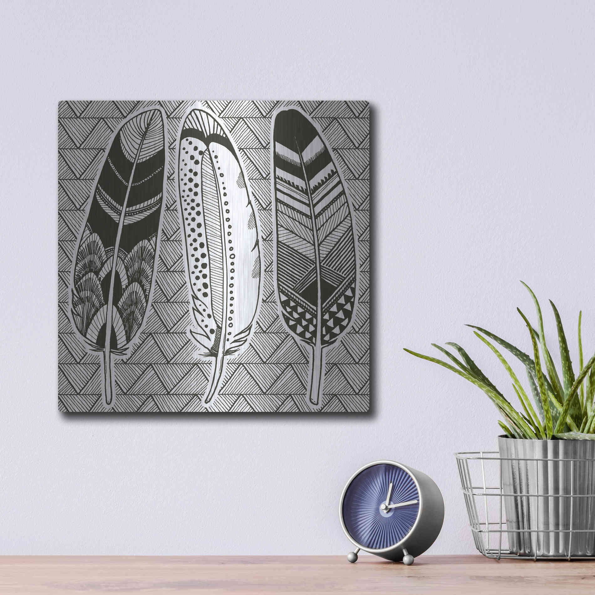 Luxe Metal Art 'Geo Feathers I Zentangle' by Sara Zieve Miller, Metal Wall Art,12x12