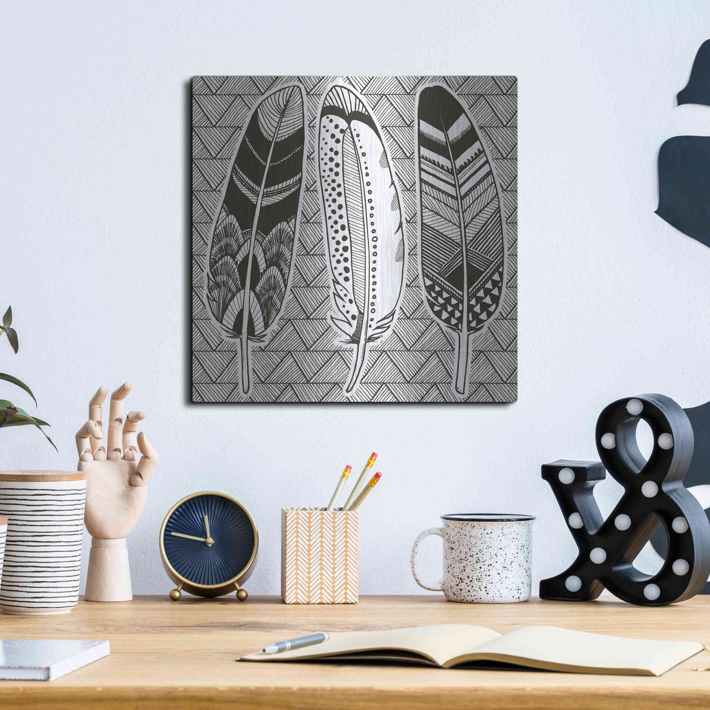 Luxe Metal Art 'Geo Feathers I Zentangle' by Sara Zieve Miller, Metal Wall Art,12x12
