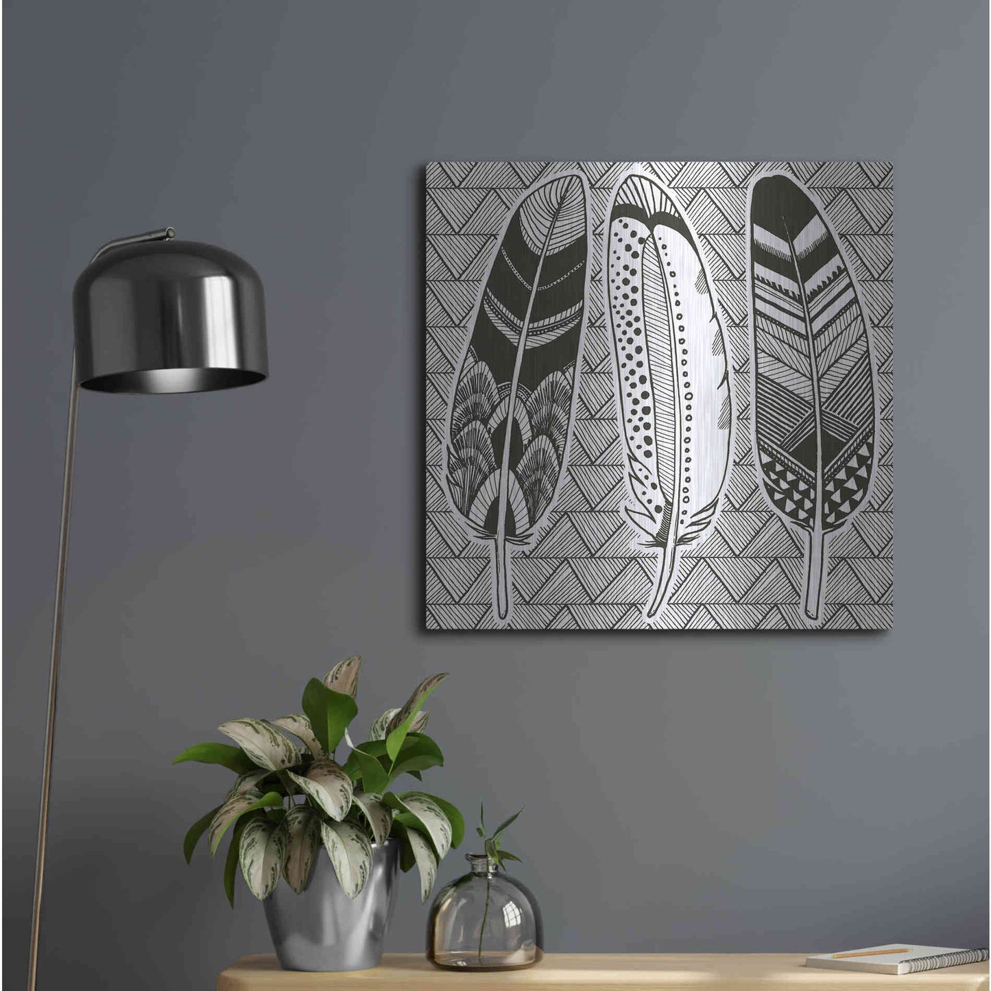 Luxe Metal Art 'Geo Feathers I Zentangle' by Sara Zieve Miller, Metal Wall Art,24x24
