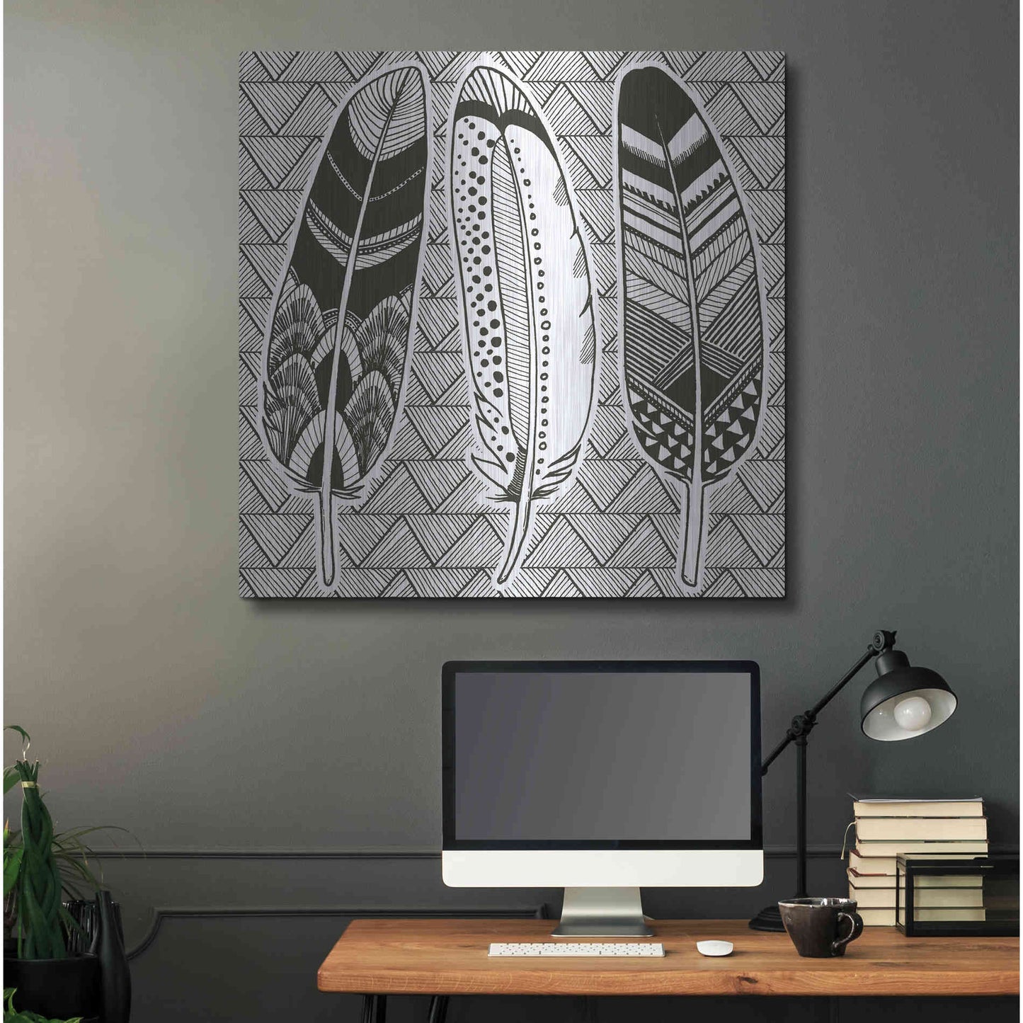 Luxe Metal Art 'Geo Feathers I Zentangle' by Sara Zieve Miller, Metal Wall Art,36x36